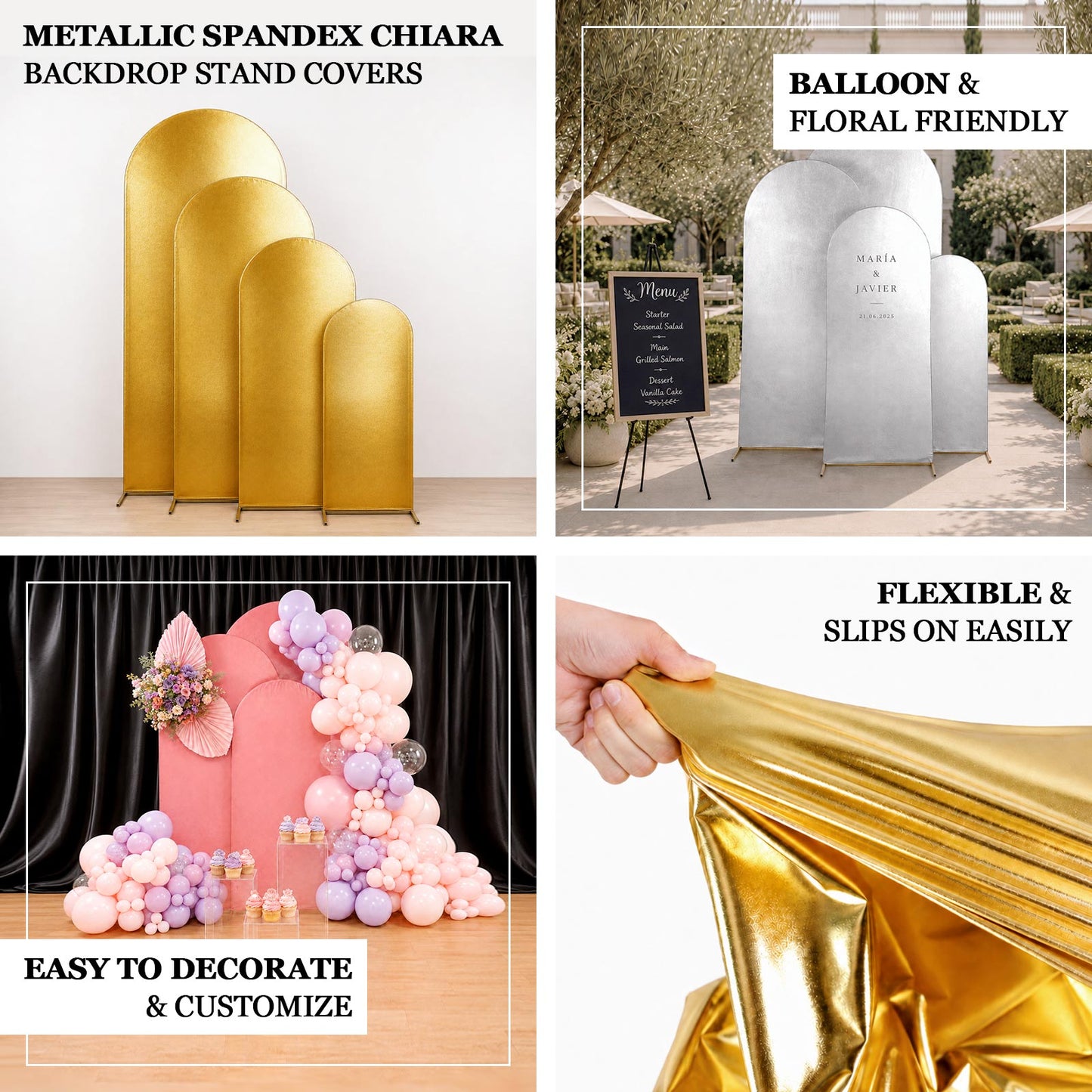 Decorative spandex backdrop covers designed to add shine, texture, and sophistication to event styli