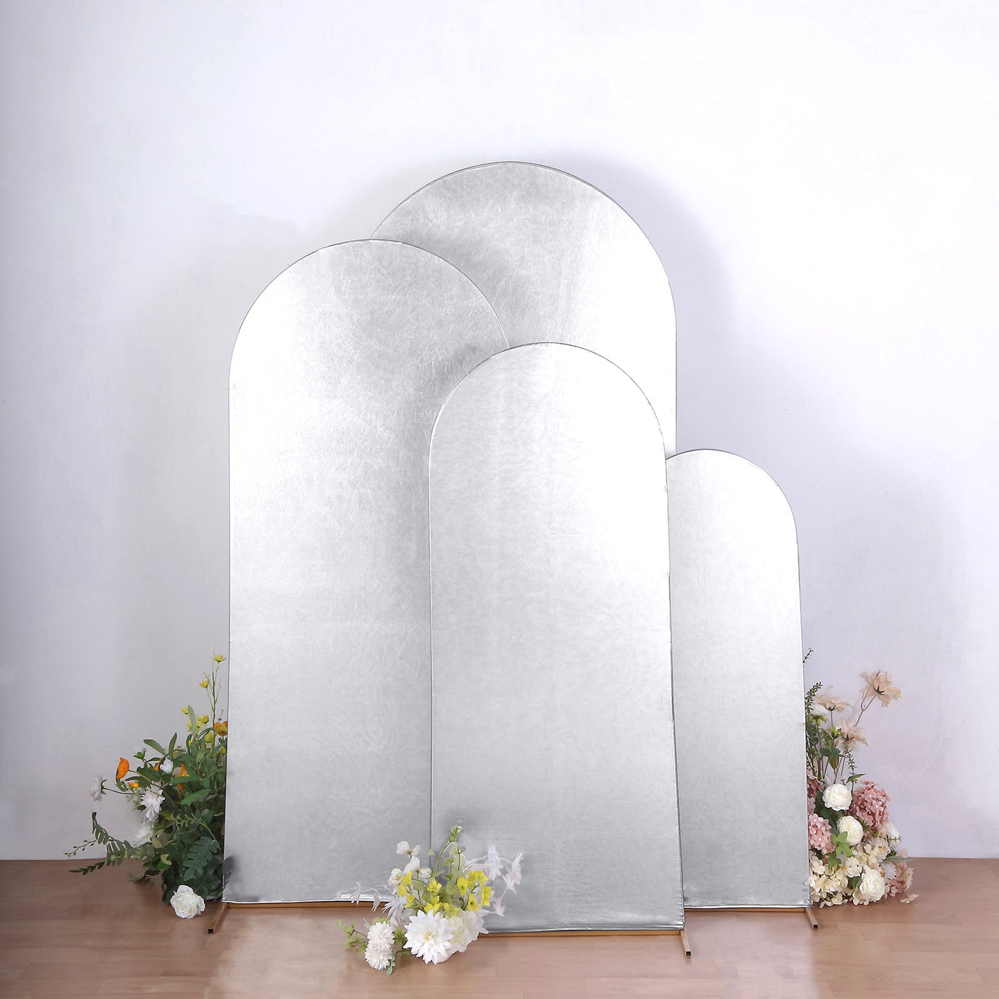 Set of 4 Silver Spandex Chiara Wedding Arch Covers With Metallic Finish, Fitted Covers For Round Top Backdrop Stands - 4ft, 5ft, 6ft, 7ft