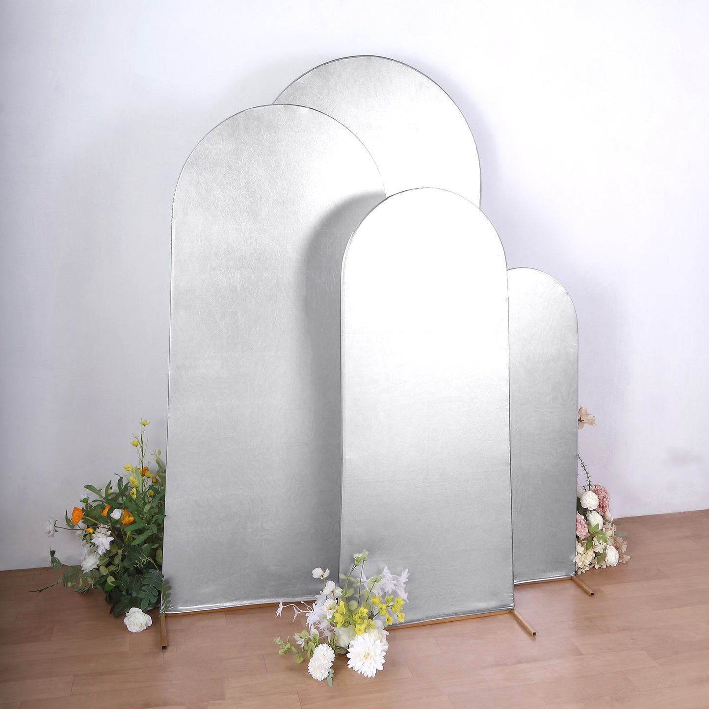 Set of 4 Silver Spandex Chiara Wedding Arch Covers With Metallic Finish, Fitted Covers For Round Top Backdrop Stands - 4ft, 5ft, 6ft, 7ft