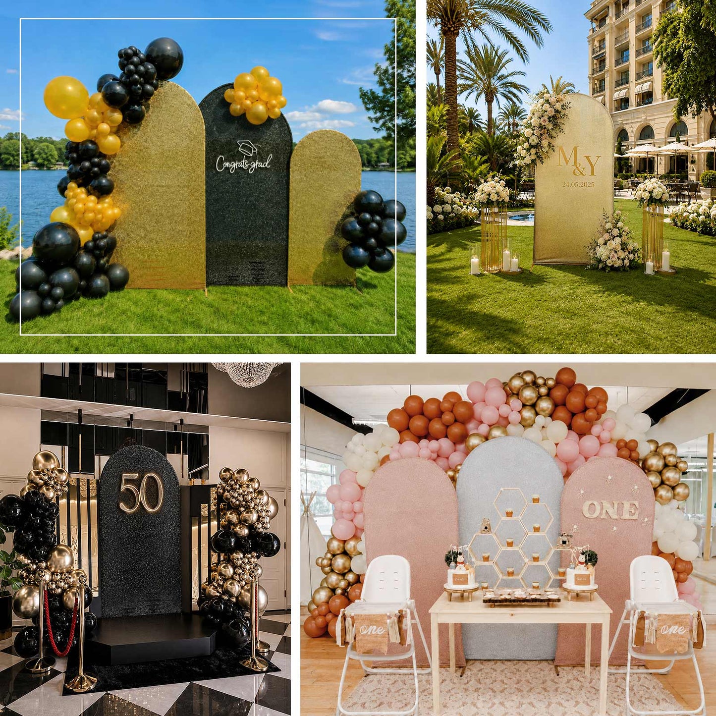 Shimmer Tinsel Spandex Wedding Arch Cover For Fitted Round Top Chiara Backdrop Stand