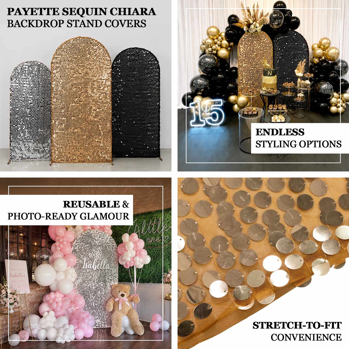 Elegant sequin backdrop cover ideal for sweetheart tables, ceremony arches, photo booths, and stage 