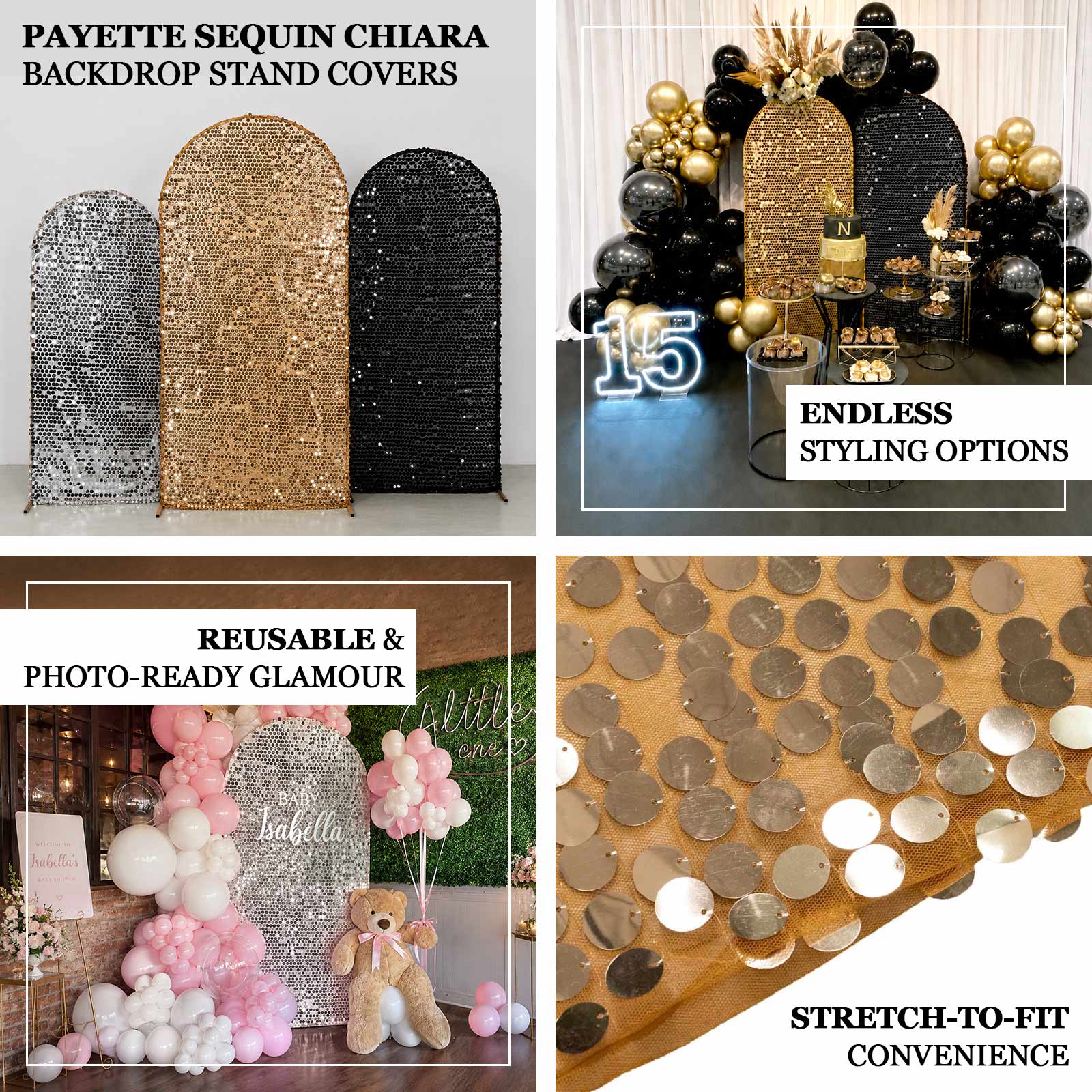 Elegant sequin backdrop cover ideal for sweetheart tables, ceremony arches, photo booths, and stage 