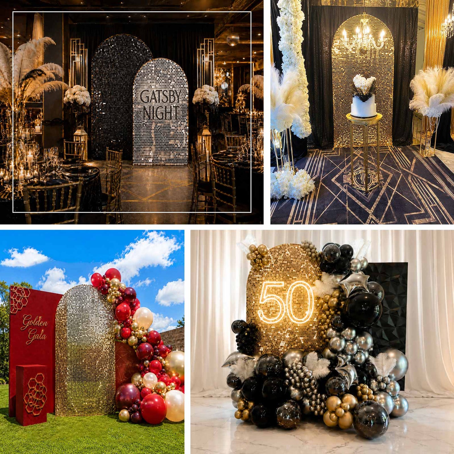 Reusable fitted Chiara backdrop cover with dazzling Payette sequins for eye-catching event styling