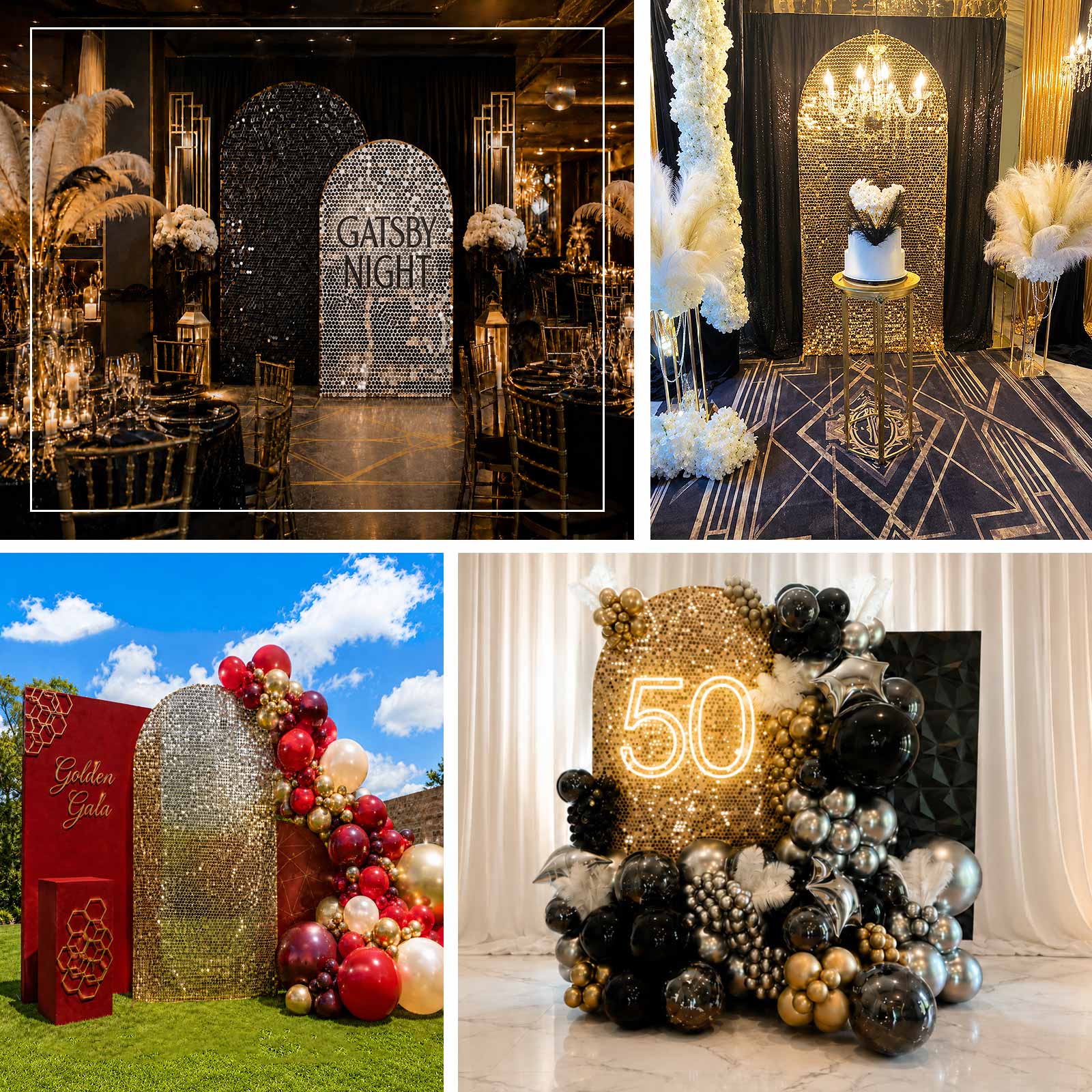 Reusable fitted Chiara backdrop cover with dazzling Payette sequins for eye-catching event styling
