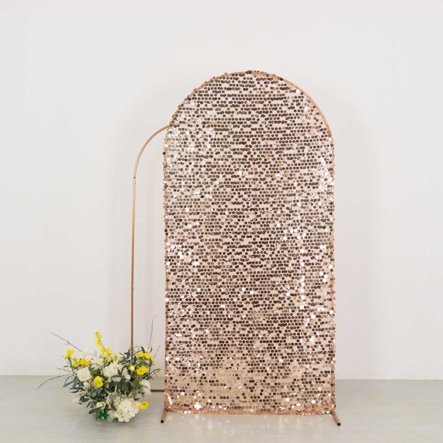 7ft Sparkly Rose Gold Big Payette Sequin Fitted Wedding Arch Cover for Round Top Chiara Backdrop Stand