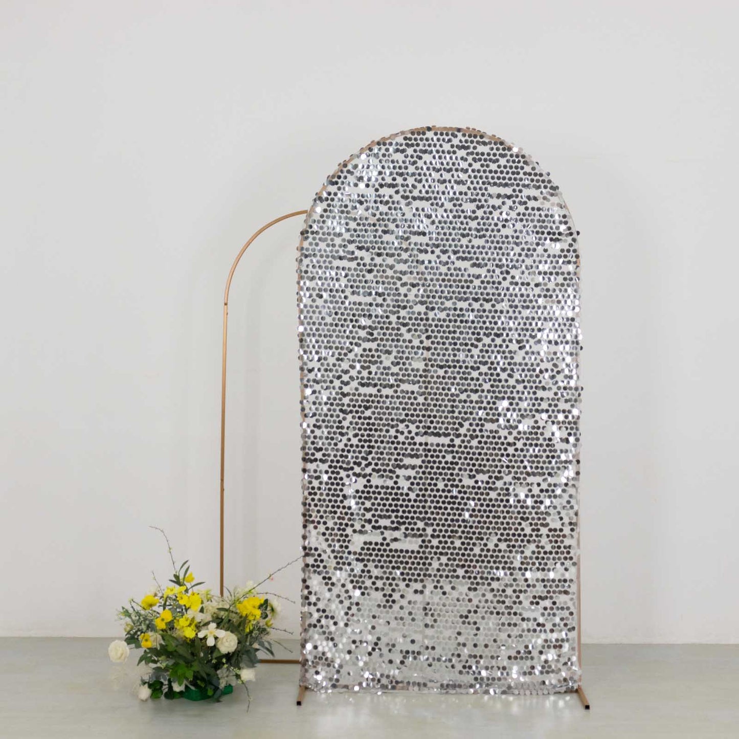 7ft Sparkly Silver Big Payette Sequin Fitted Wedding Arch Cover for Round Top Chiara Backdrop Stand