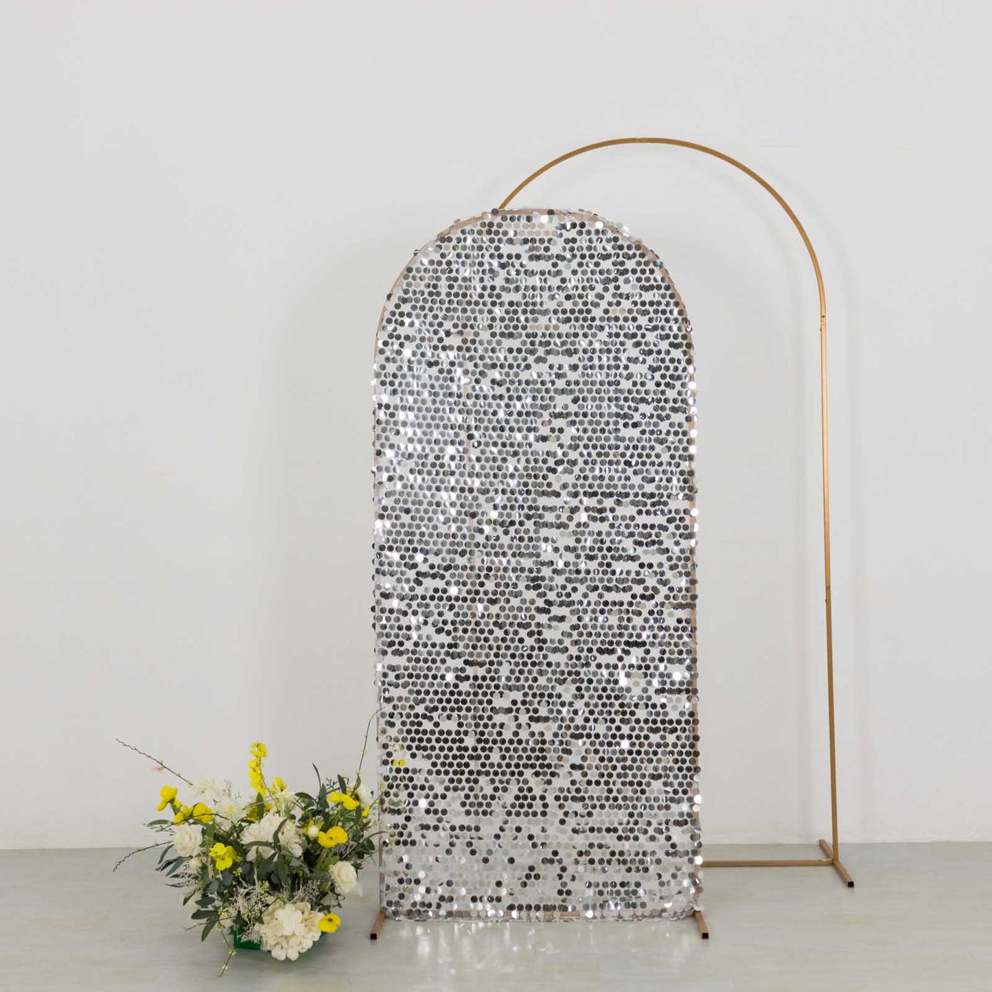 6ft Sparkly Silver Big Payette Sequin Fitted Wedding Arch Cover for Round Top Chiara Backdrop Stand