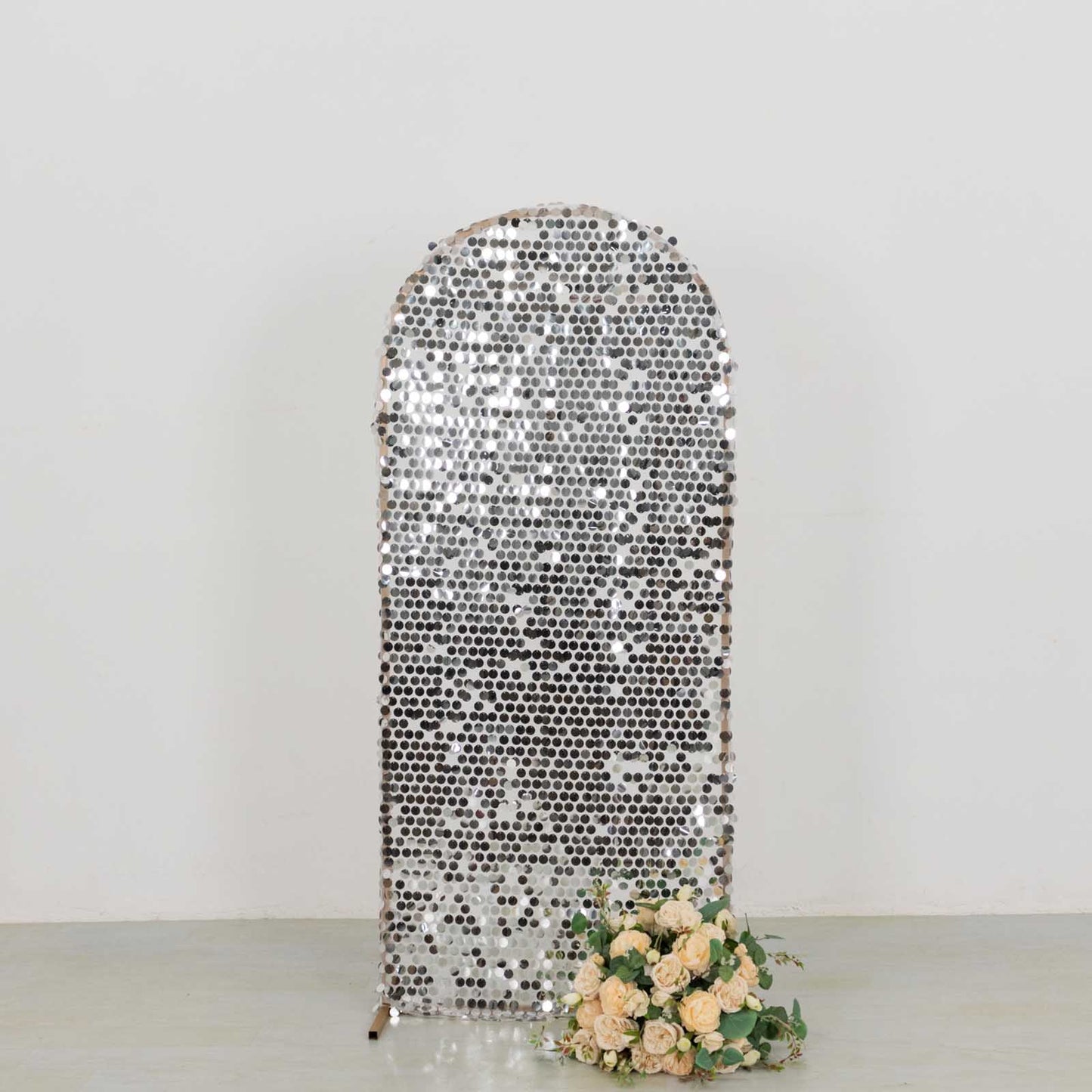 5ft Sparkly Silver Big Payette Sequin Fitted Wedding Arch Cover for Round Top Chiara Backdrop Stand