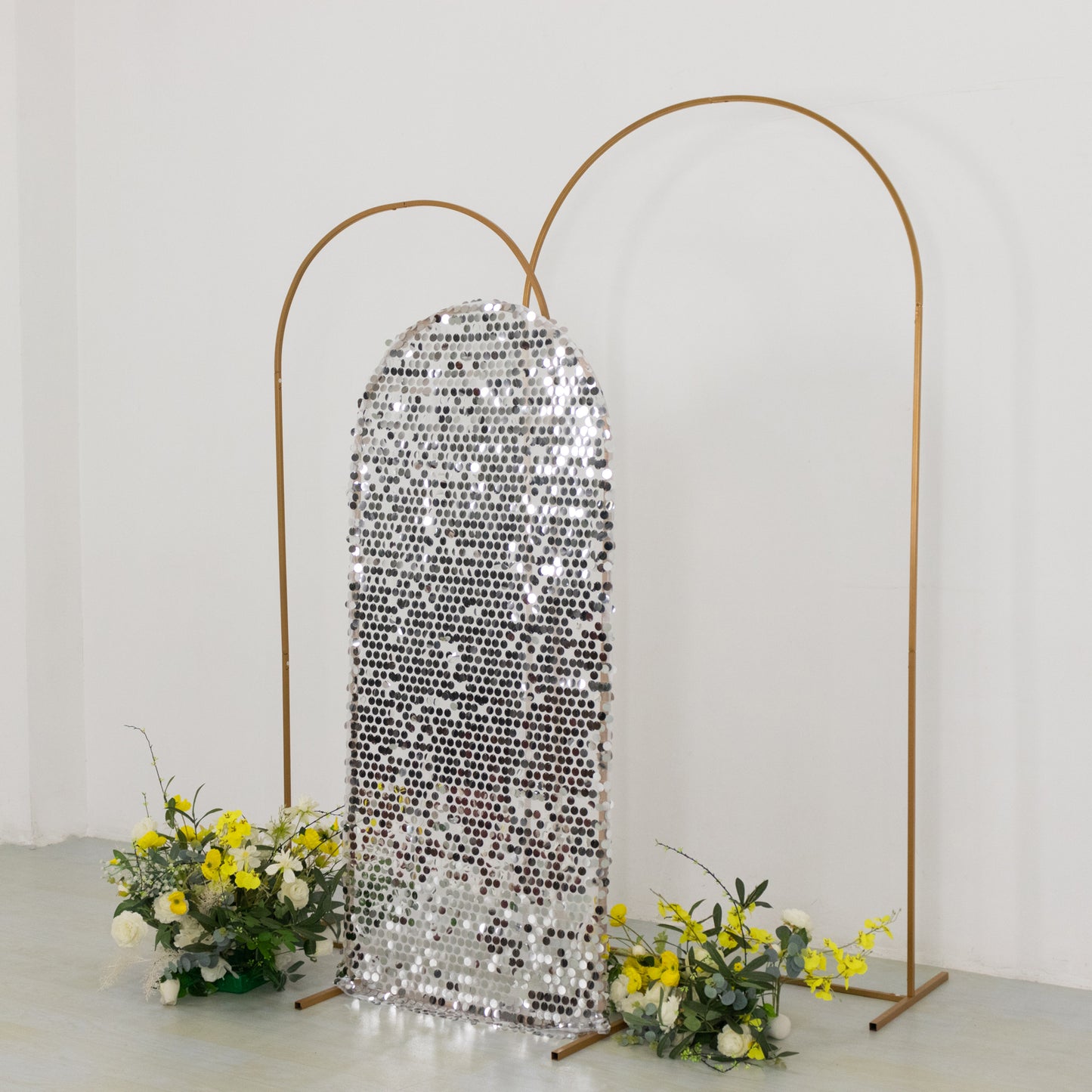 5ft Sparkly Silver Big Payette Sequin Fitted Wedding Arch Cover for Round Top Chiara Backdrop Stand