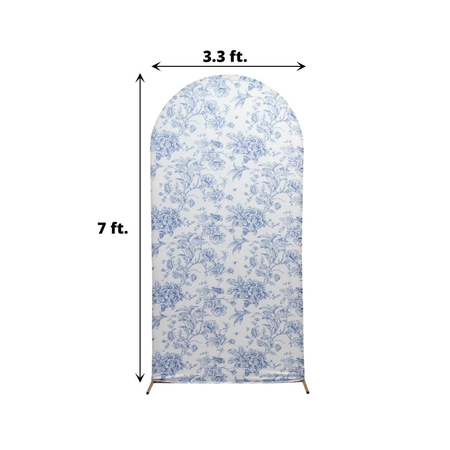 7ft Fitted Spandex Chiara Backdrop Cover – French Toile Blue & White Floral Arch Slipcover for Round Top Wedding Stand