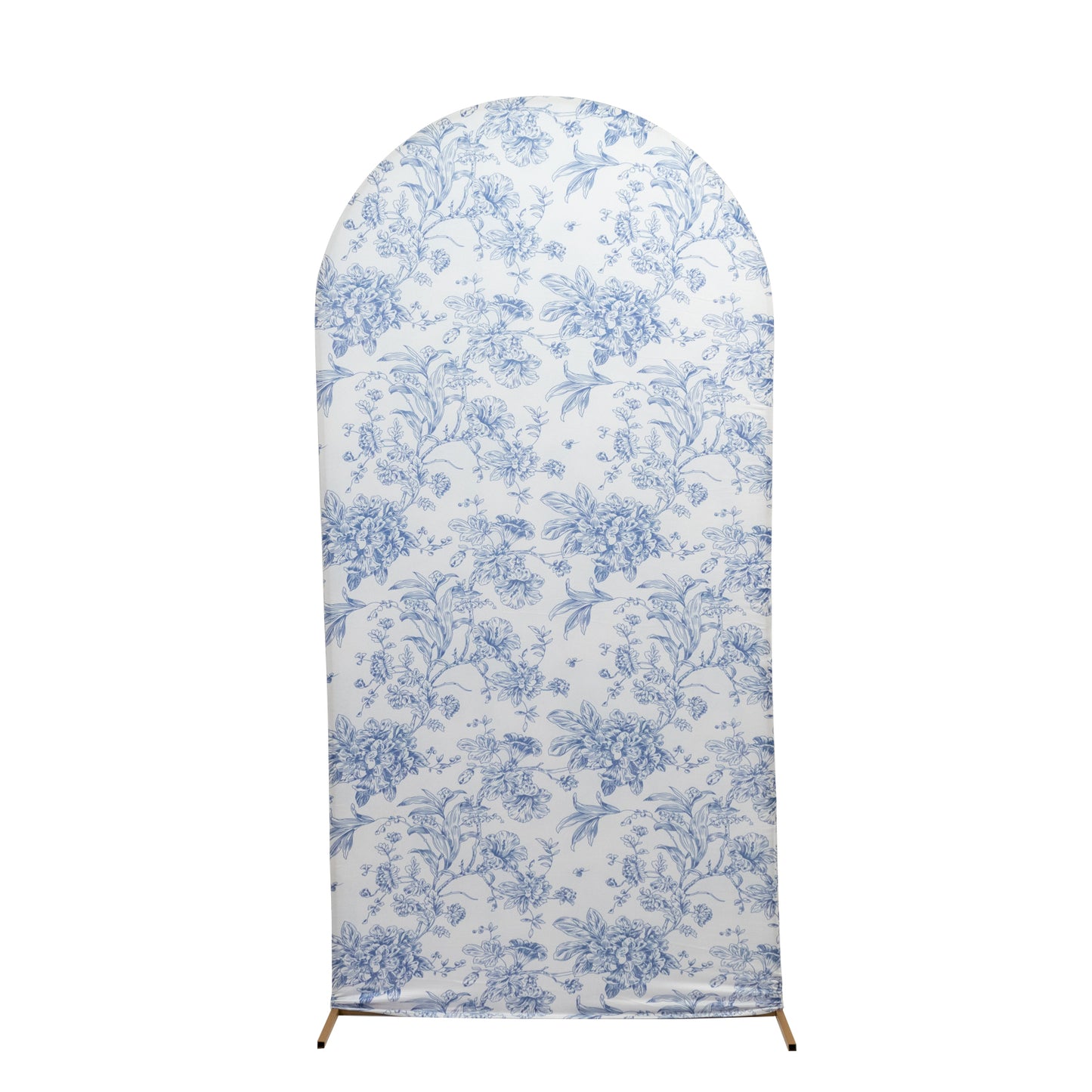 7ft Fitted Spandex Chiara Backdrop Cover – French Toile Blue & White Floral Arch Slipcover for Round Top Wedding Stand