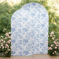 7ft Fitted Spandex Chiara Backdrop Cover – French Toile Blue & White Floral Arch Slipcover for Round Top Wedding Stand