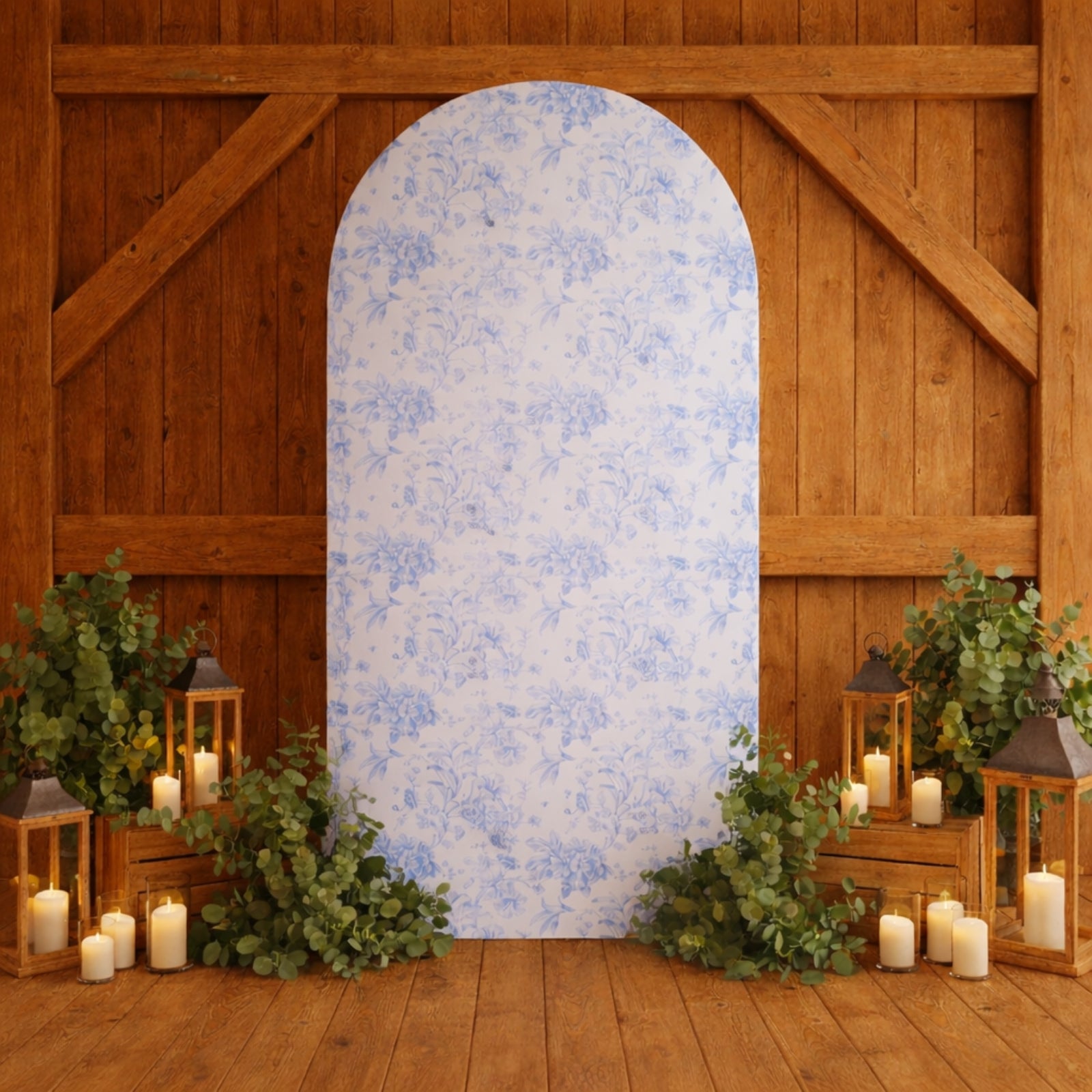 French toile blue & white floral backdrop for wedding decor.