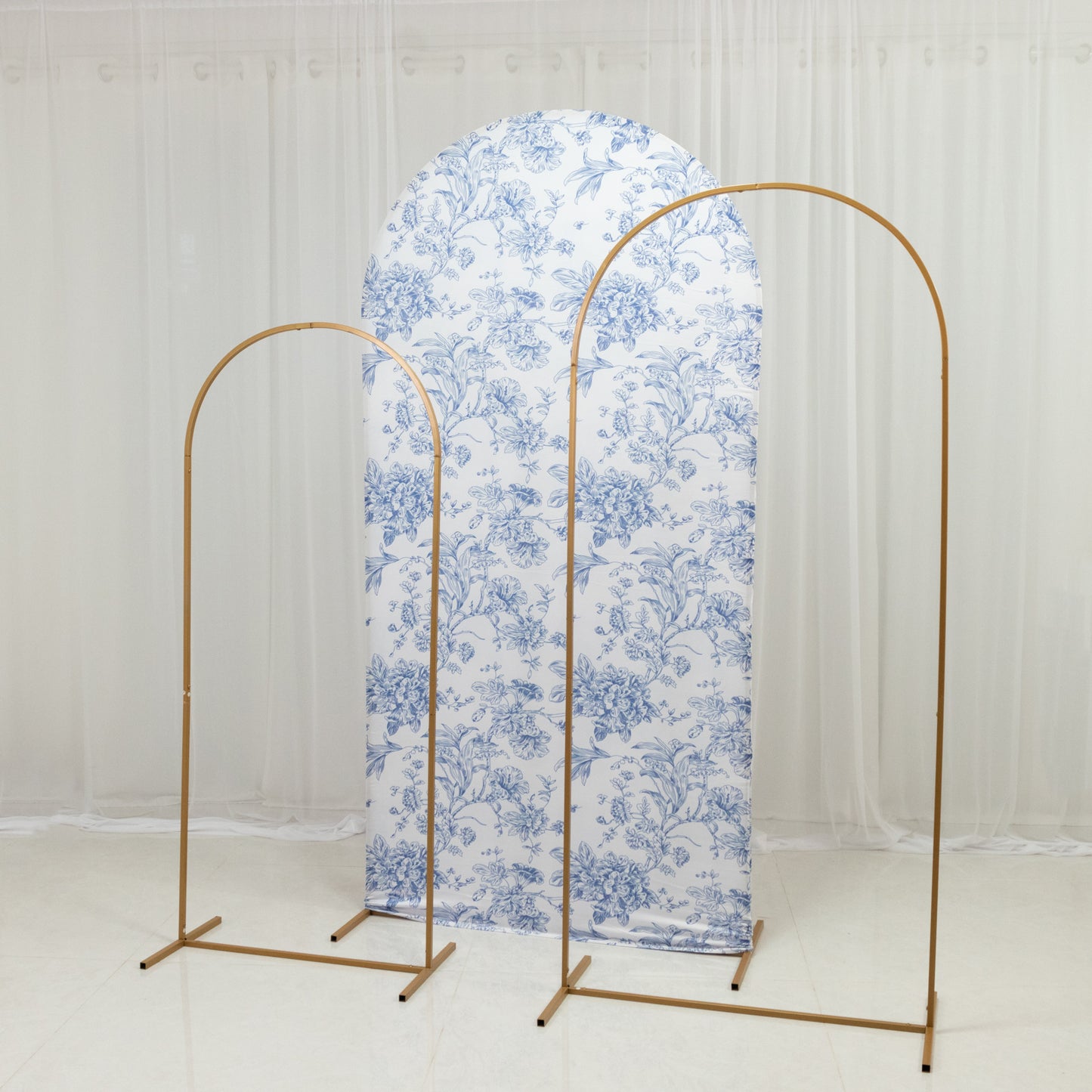 7ft Fitted Spandex Chiara Backdrop Cover – French Toile Blue & White Floral Arch Slipcover for Round Top Wedding Stand