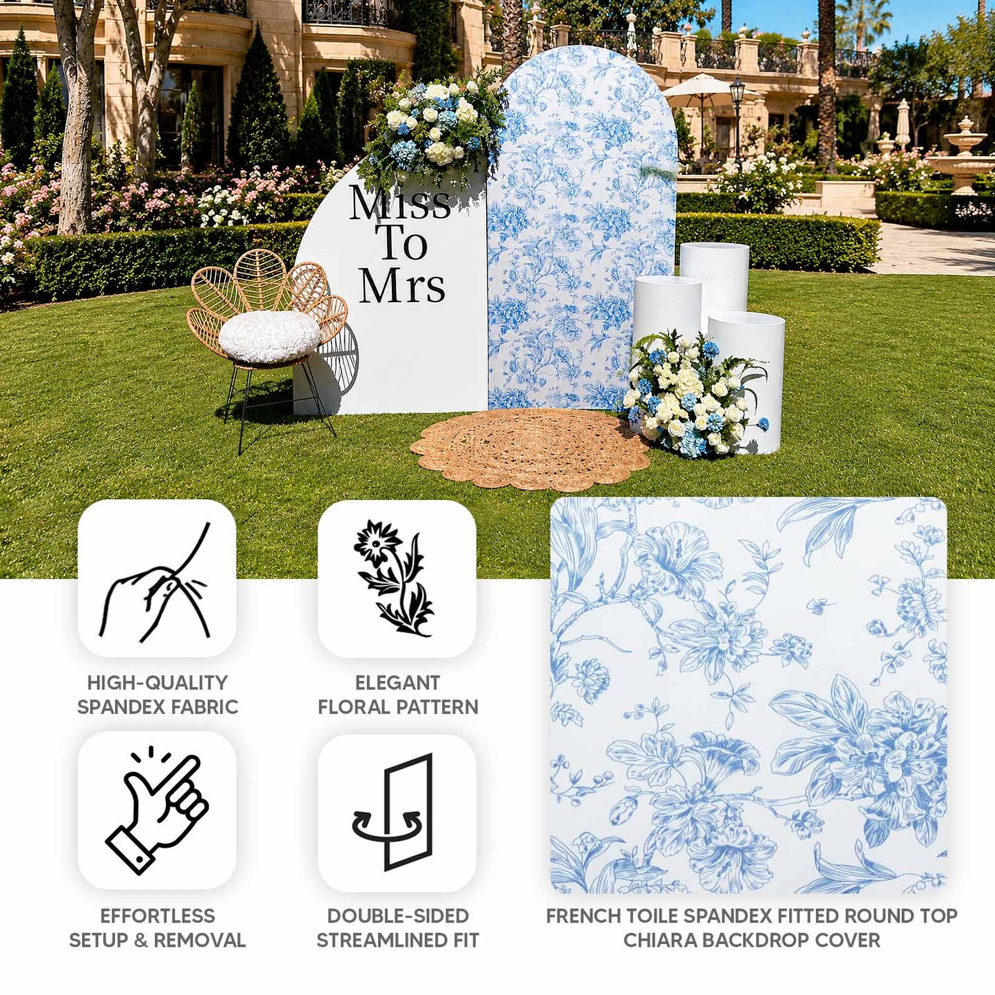 7ft Fitted Spandex Chiara Backdrop Cover – French Toile Blue & White Floral Arch Slipcover for Round