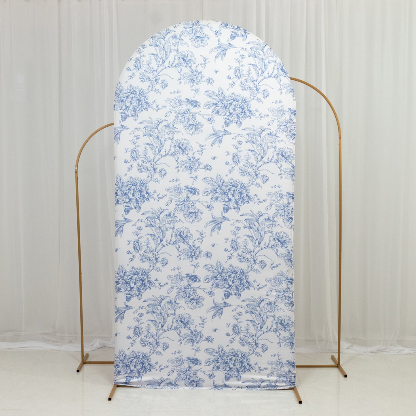 7ft Fitted Spandex Chiara Backdrop Cover – French Toile Blue & White Floral Arch Slipcover for Round Top Wedding Stand