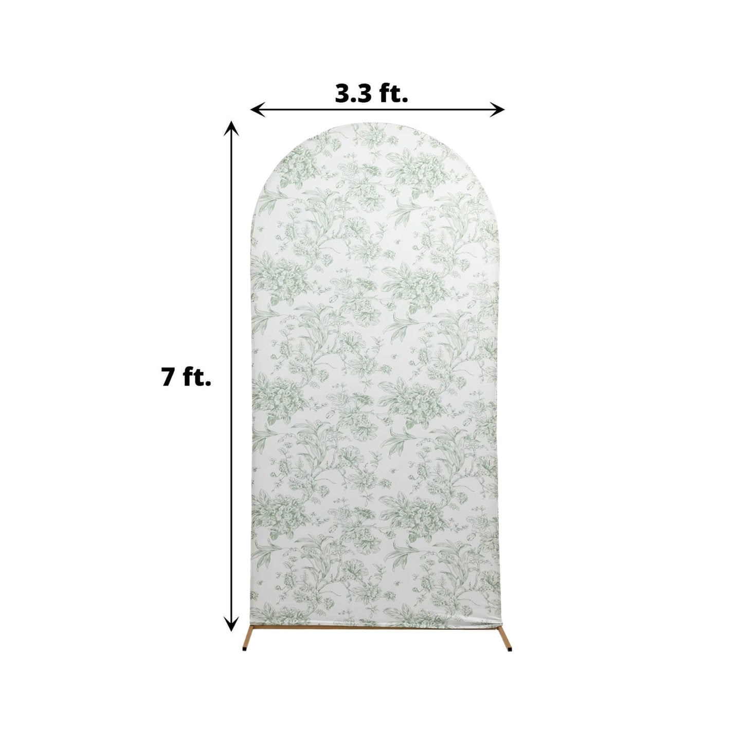 7ft Fitted Spandex Chiara Backdrop Cover – French Toile Dusty Sage Green & White Floral Arch Slipcover for Round Top Wedding Stand