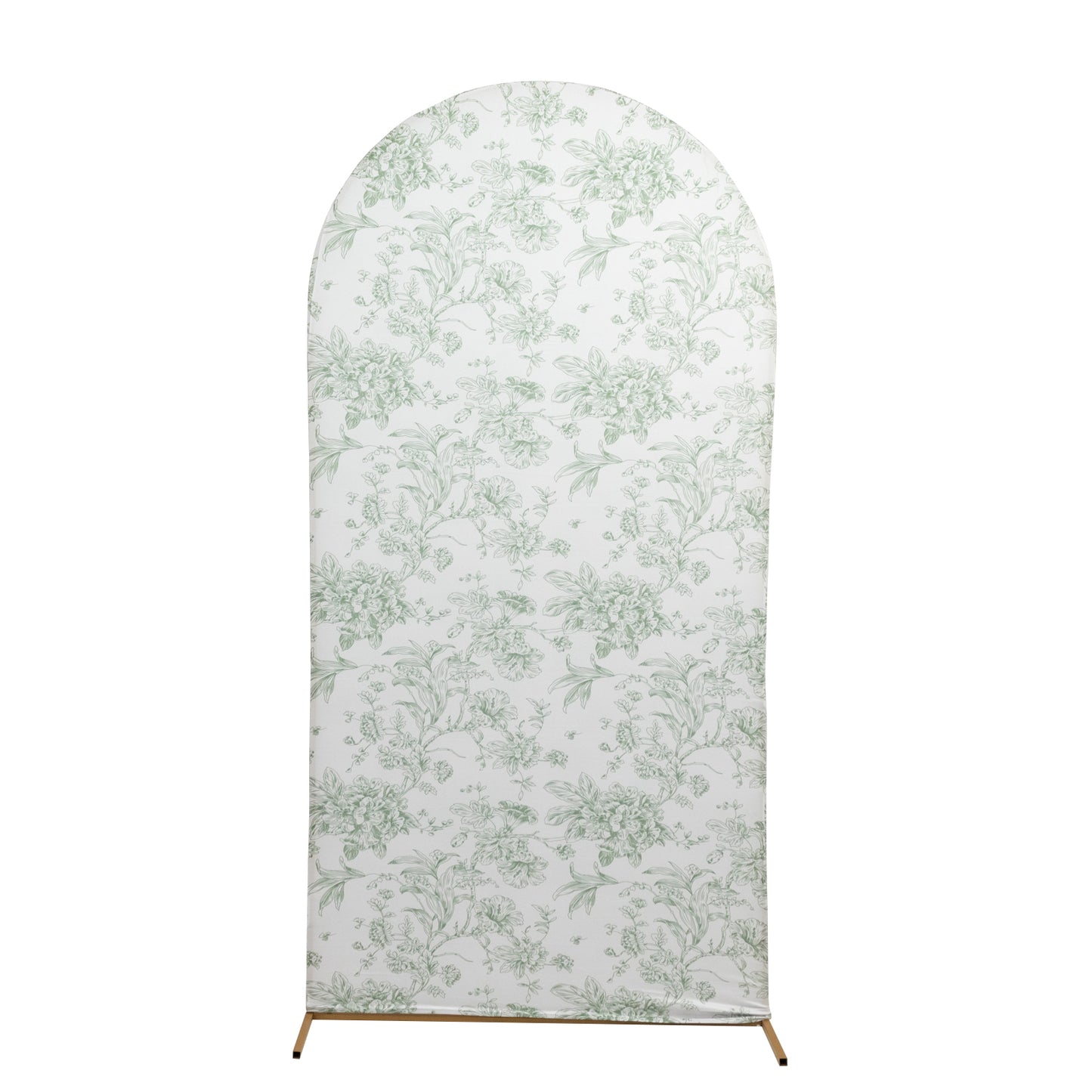 7ft Fitted Spandex Chiara Backdrop Cover – French Toile Dusty Sage Green & White Floral Arch Slipcover for Round Top Wedding Stand