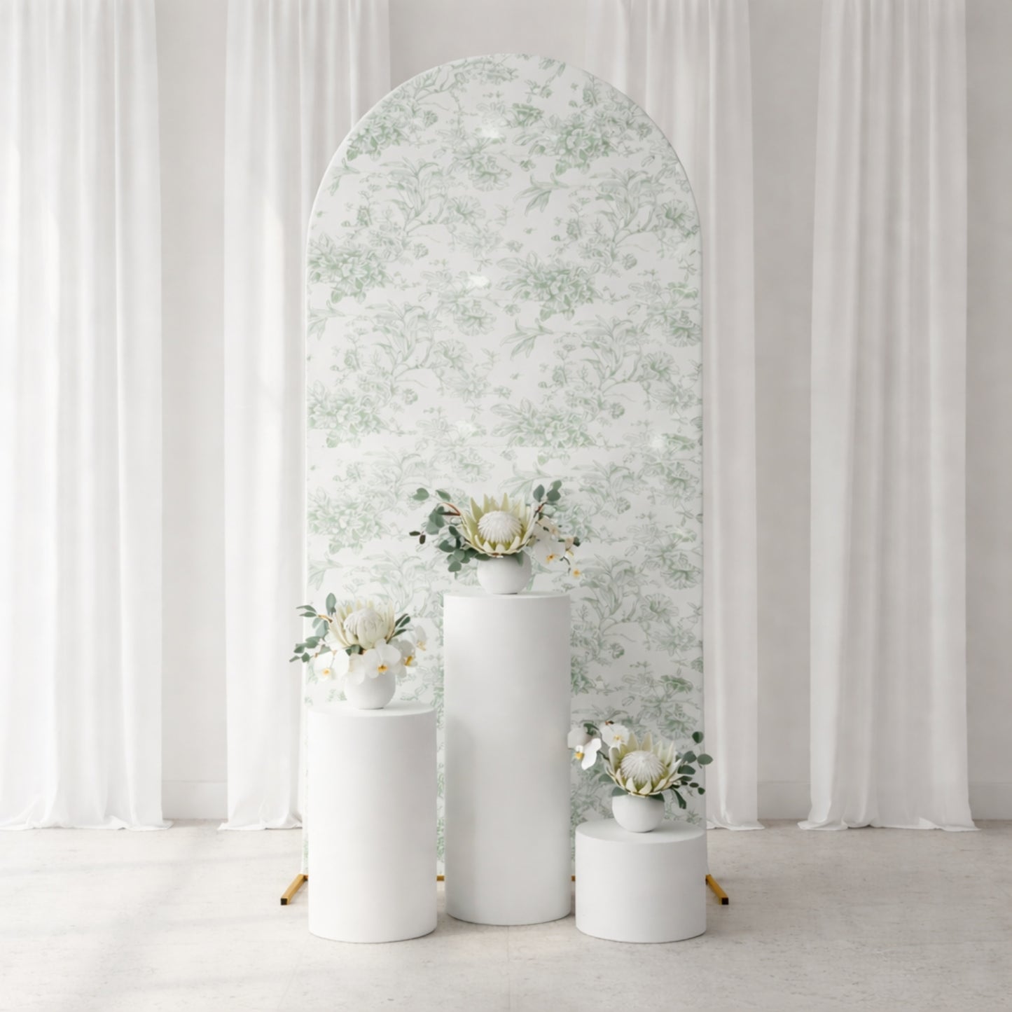 Dusty sage green floral backdrop cover for wedding display.