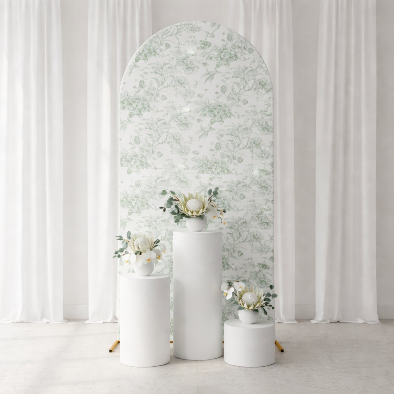 Dusty sage green floral backdrop cover for wedding display.