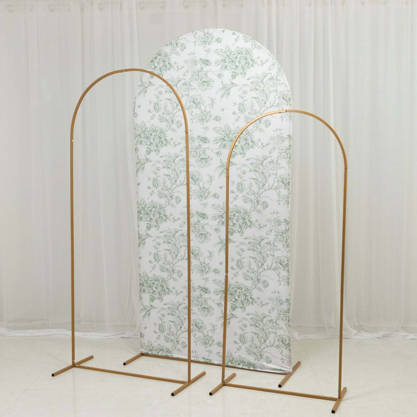 7ft Fitted Spandex Chiara Backdrop Cover – French Toile Dusty Sage Green & White Floral Arch Slipcover for Round Top Wedding Stand