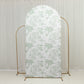 7ft Fitted Spandex Chiara Backdrop Cover – French Toile Dusty Sage Green & White Floral Arch Slipcover for Round Top Wedding Stand