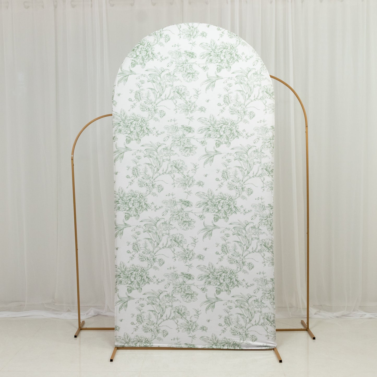 7ft Fitted Spandex Chiara Backdrop Cover – French Toile Dusty Sage Green & White Floral Arch Slipcover for Round Top Wedding Stand