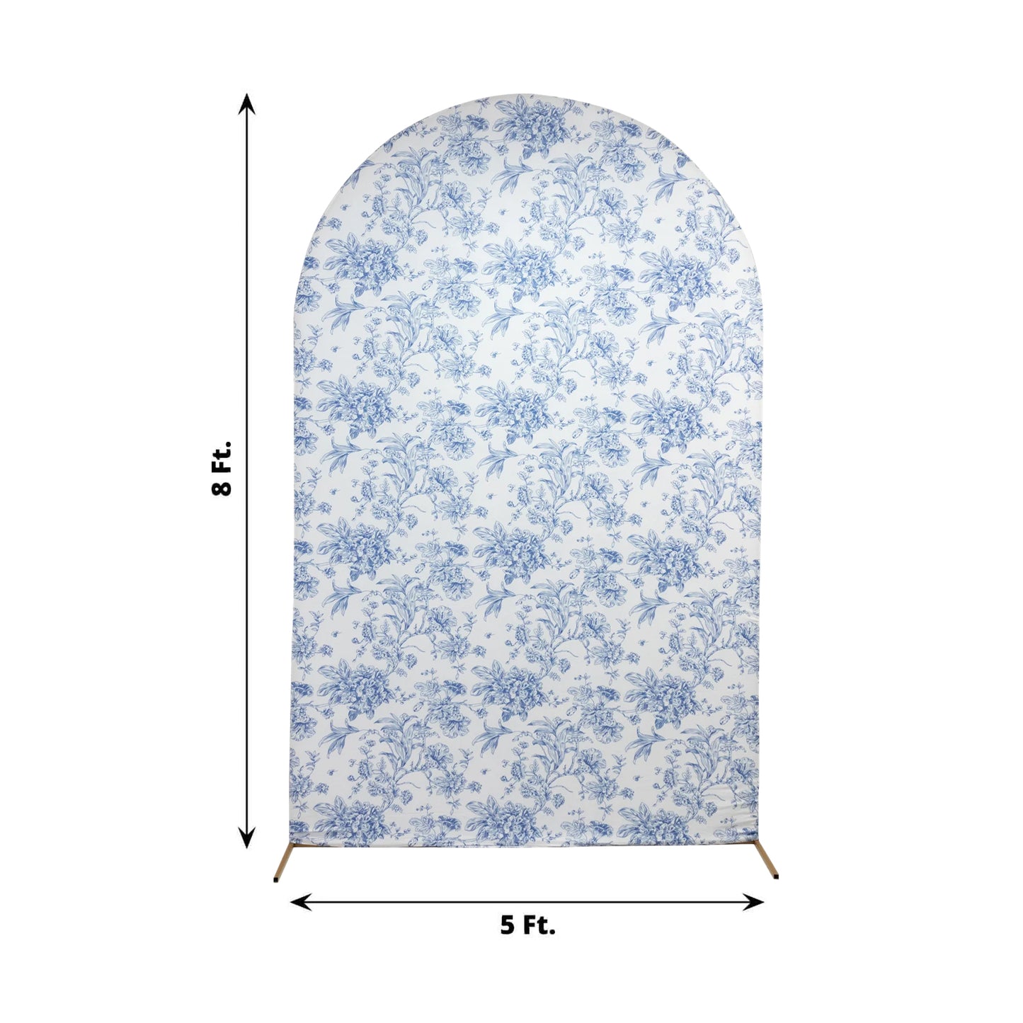 8ft Fitted Spandex Chiara Backdrop Cover – French Toile Blue & White Floral Arch Slipcover for Round Top Wedding Stand
