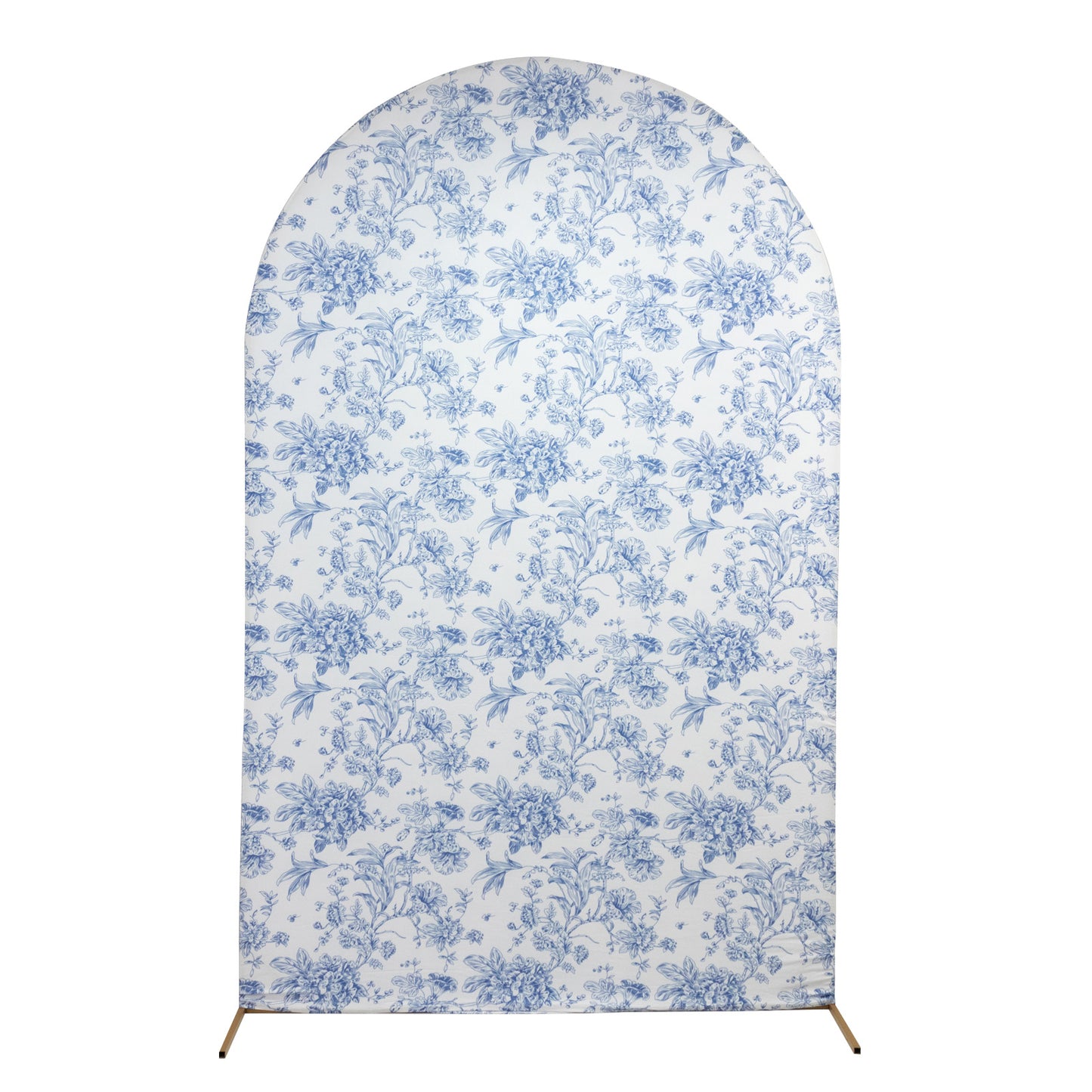 8ft Fitted Spandex Chiara Backdrop Cover – French Toile Blue & White Floral Arch Slipcover for Round Top Wedding Stand