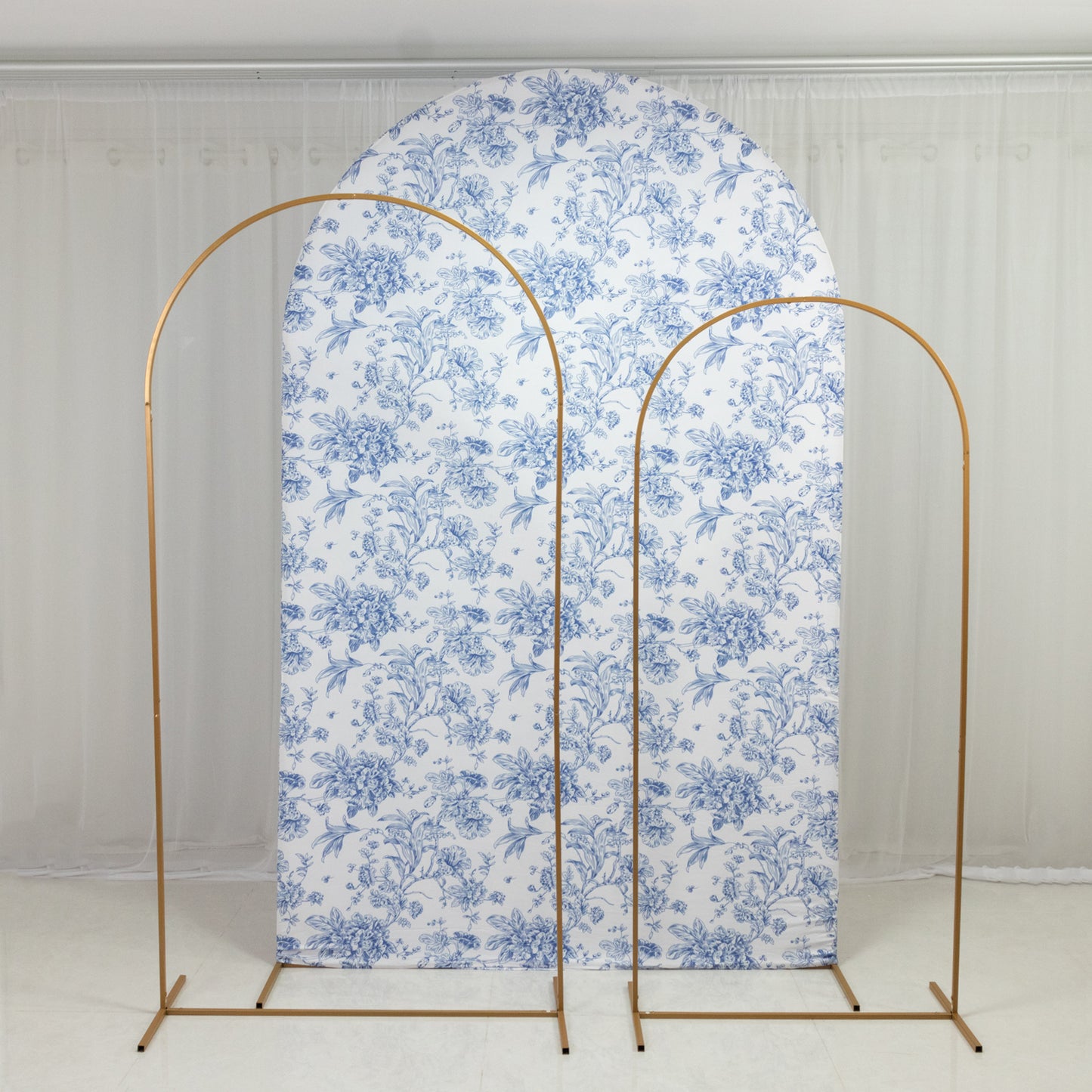 8ft Fitted Spandex Chiara Backdrop Cover – French Toile Blue & White Floral Arch Slipcover for Round Top Wedding Stand