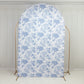 8ft Fitted Spandex Chiara Backdrop Cover – French Toile Blue & White Floral Arch Slipcover for Round Top Wedding Stand