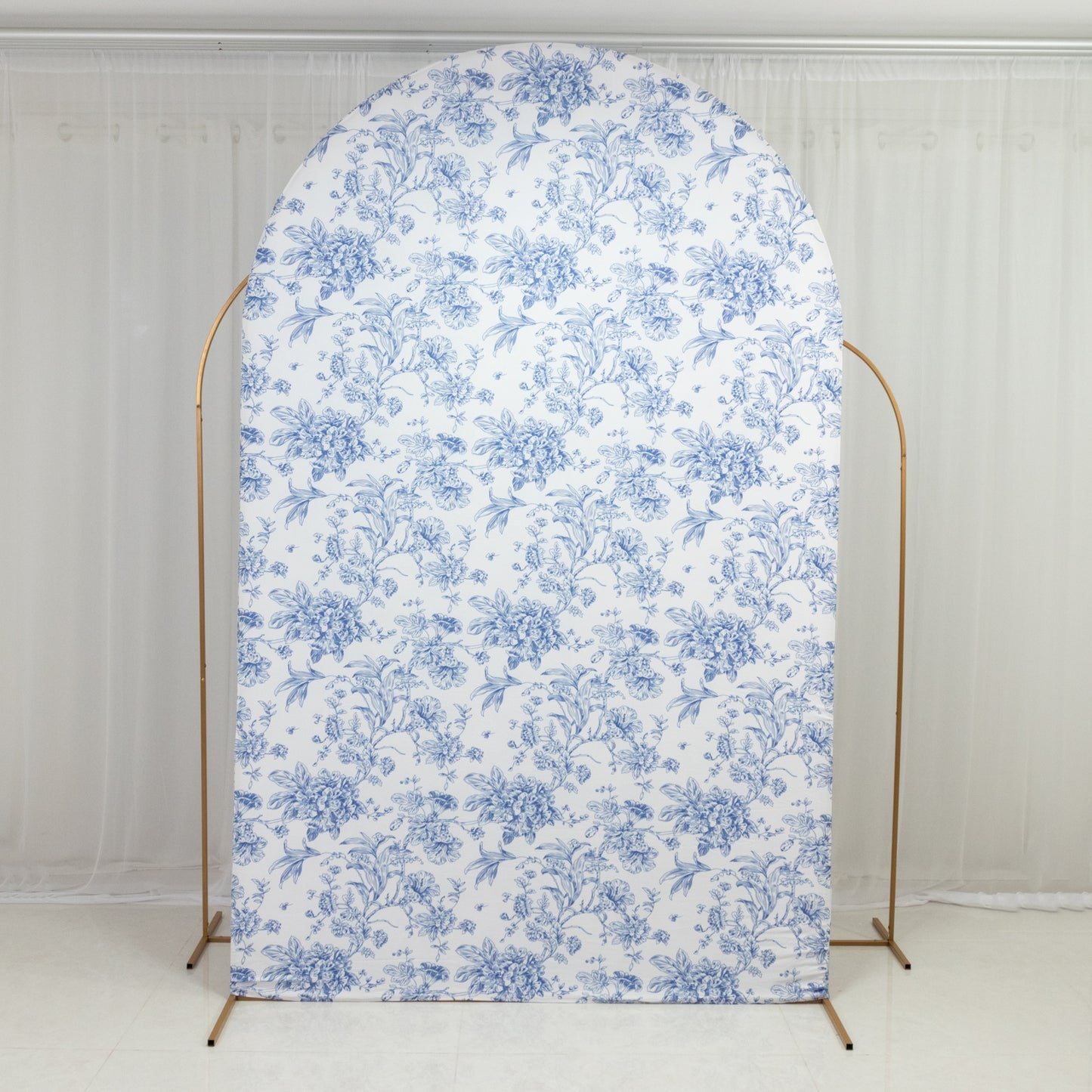 8ft Fitted Spandex Chiara Backdrop Cover – French Toile Blue & White Floral Arch Slipcover for Round Top Wedding Stand