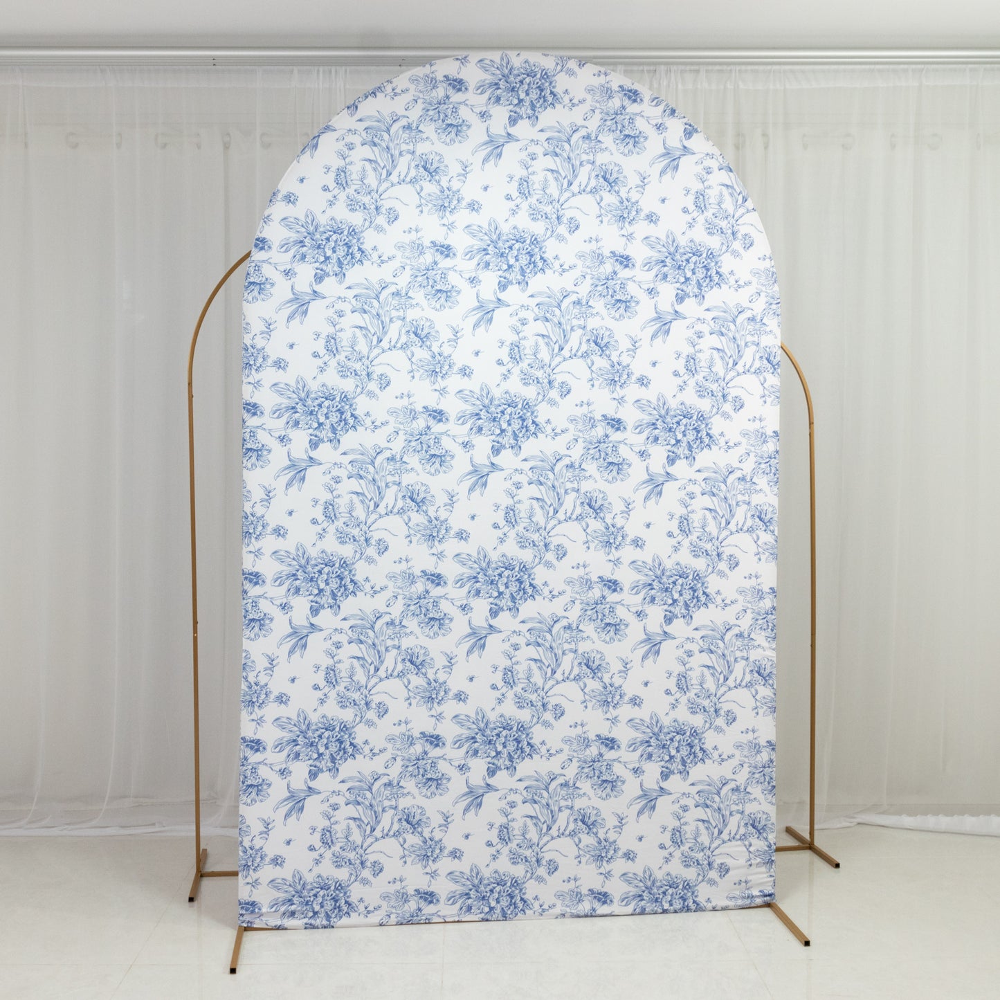 8ft Fitted Spandex Chiara Backdrop Cover – French Toile Blue & White Floral Arch Slipcover for Round Top Wedding Stand