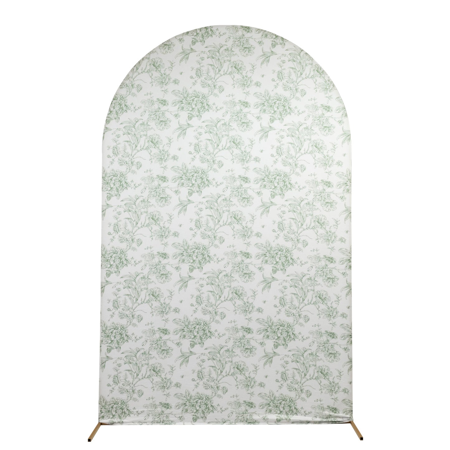 8ft Fitted Spandex Chiara Backdrop Cover – French Toile Dusty Sage Green & White Floral Arch Slipcover for Round Top Wedding Stand