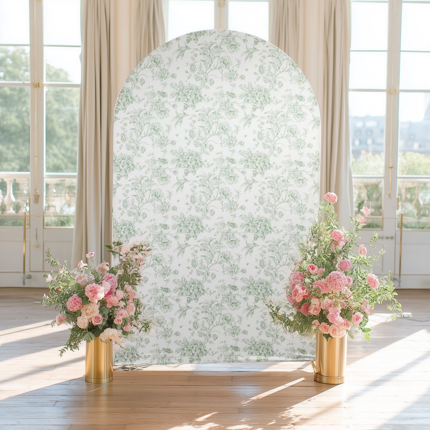 8ft Fitted Spandex Chiara Backdrop Cover – French Toile Dusty Sage Green & White Floral Arch Slipcover for Round Top Wedding Stand