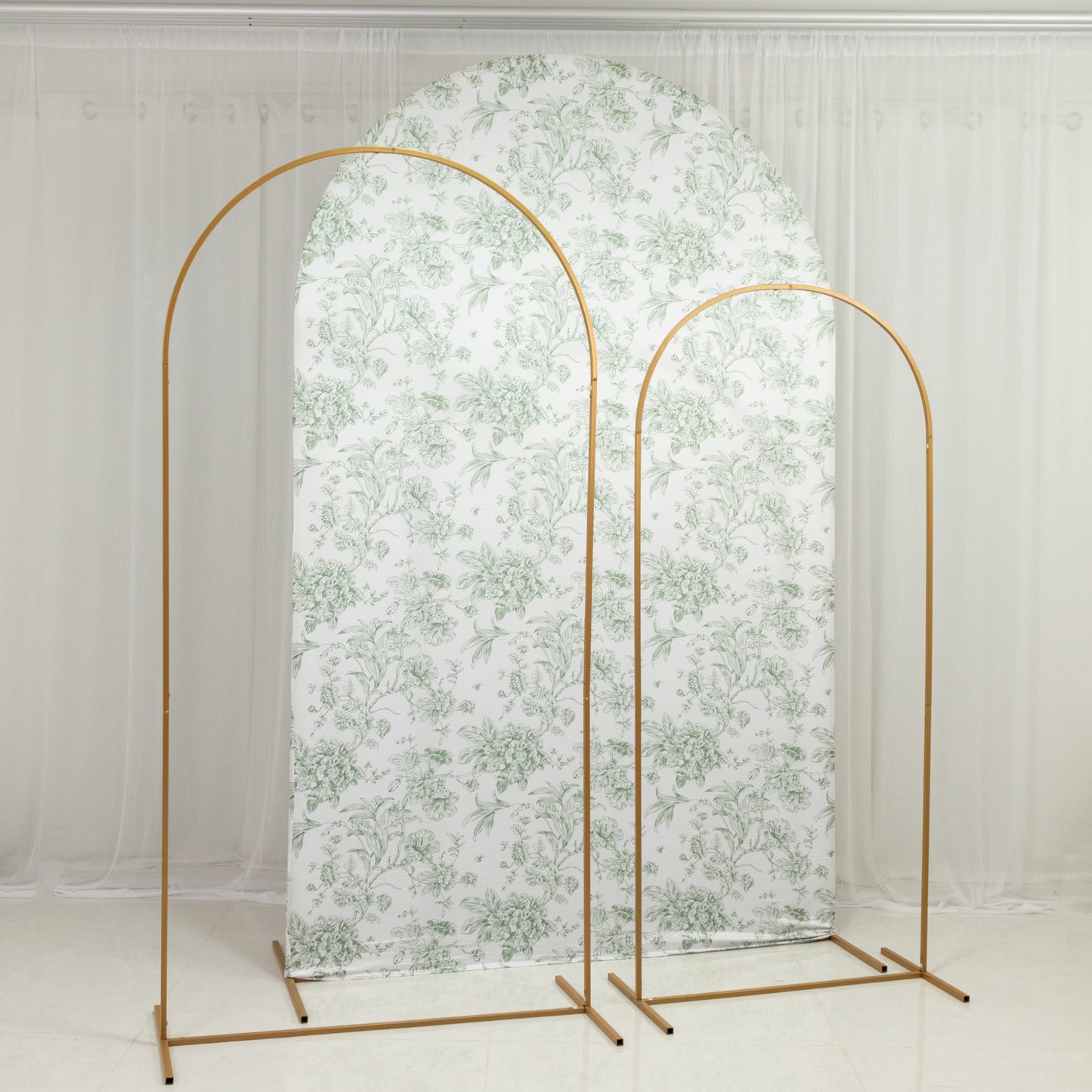 8ft Fitted Spandex Chiara Backdrop Cover – French Toile Dusty Sage Green & White Floral Arch Slipcover for Round Top Wedding Stand