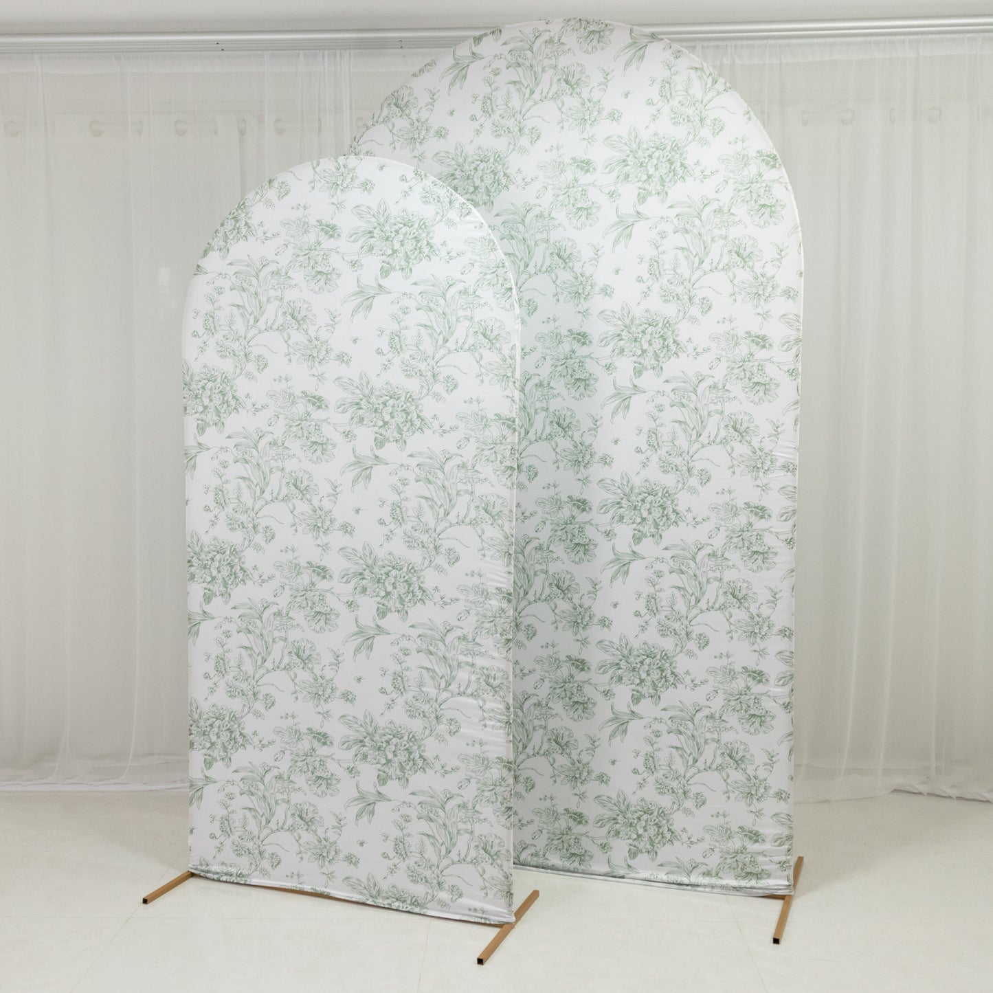8ft Fitted Spandex Chiara Backdrop Cover – French Toile Dusty Sage Green & White Floral Arch Slipcover for Round Top Wedding Stand