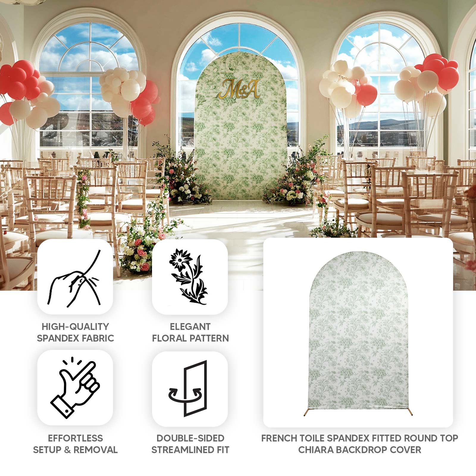 8ft Fitted Spandex Chiara Backdrop Cover – French Toile Blue & White Floral Arch Slipcover for Round Top Wedding Stand