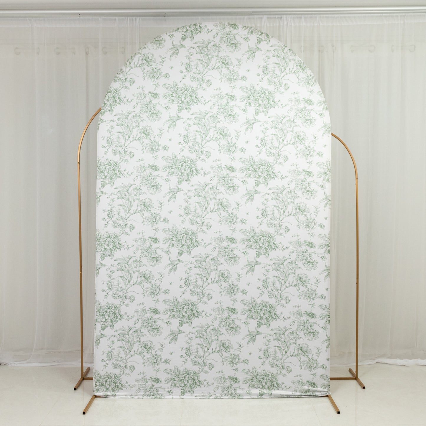 8ft Fitted Spandex Chiara Backdrop Cover – French Toile Dusty Sage Green & White Floral Arch Slipcover for Round Top Wedding Stand