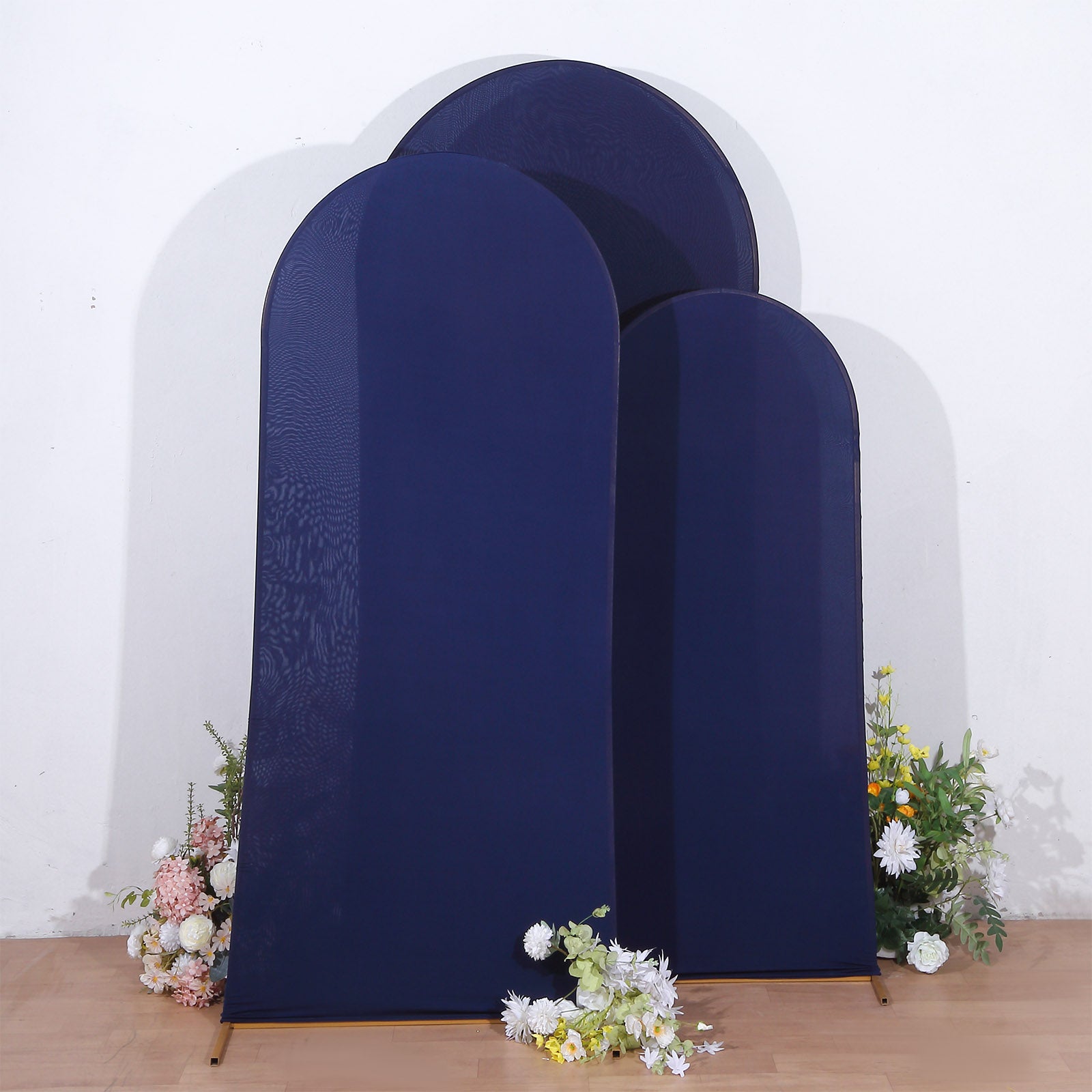 Set of 3 Matte Navy Blue Spandex Fitted Wedding Arch Covers For Round Top Chiara Backdrop Stands