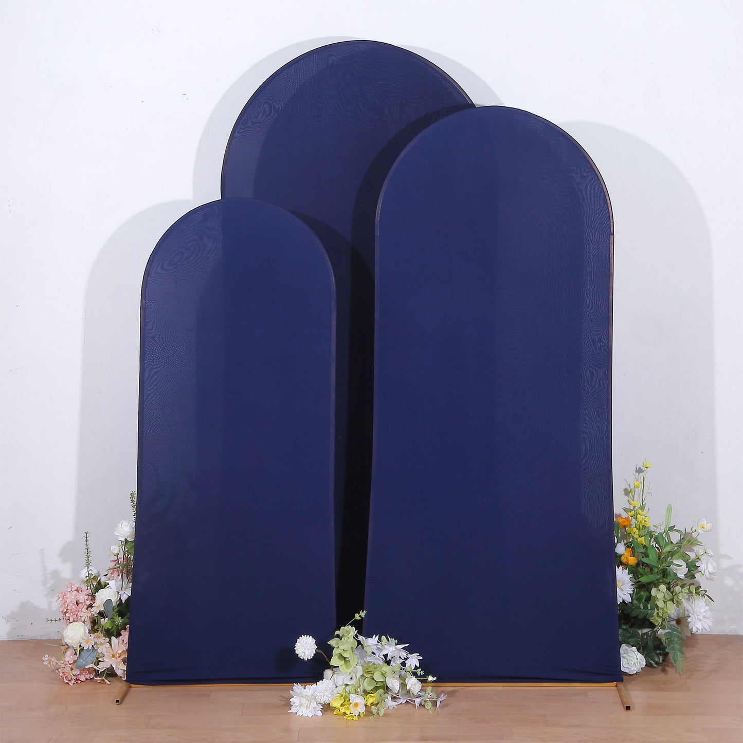 Set of 3 Matte Navy Blue Spandex Fitted Wedding Arch Covers For Round Top Chiara Backdrop Stands