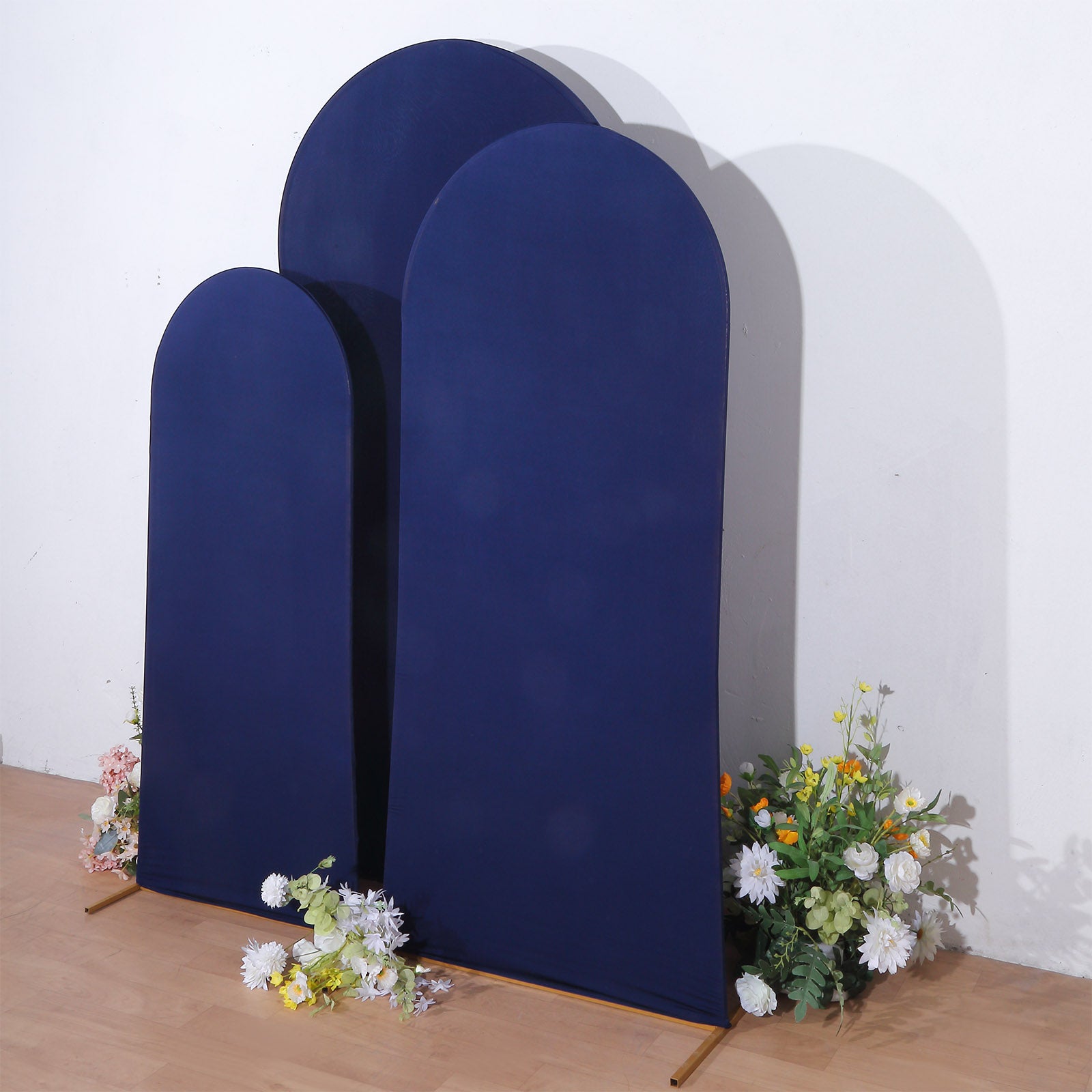 Set of 3 Matte Navy Blue Spandex Fitted Wedding Arch Covers For Round Top Chiara Backdrop Stands