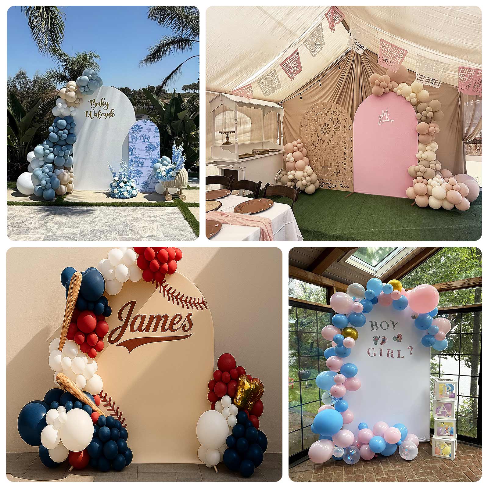 8ft Fitted Spandex Chiara Backdrop Cover – French Toile Blue & White Floral Arch Slipcover for Round Top Wedding Stand