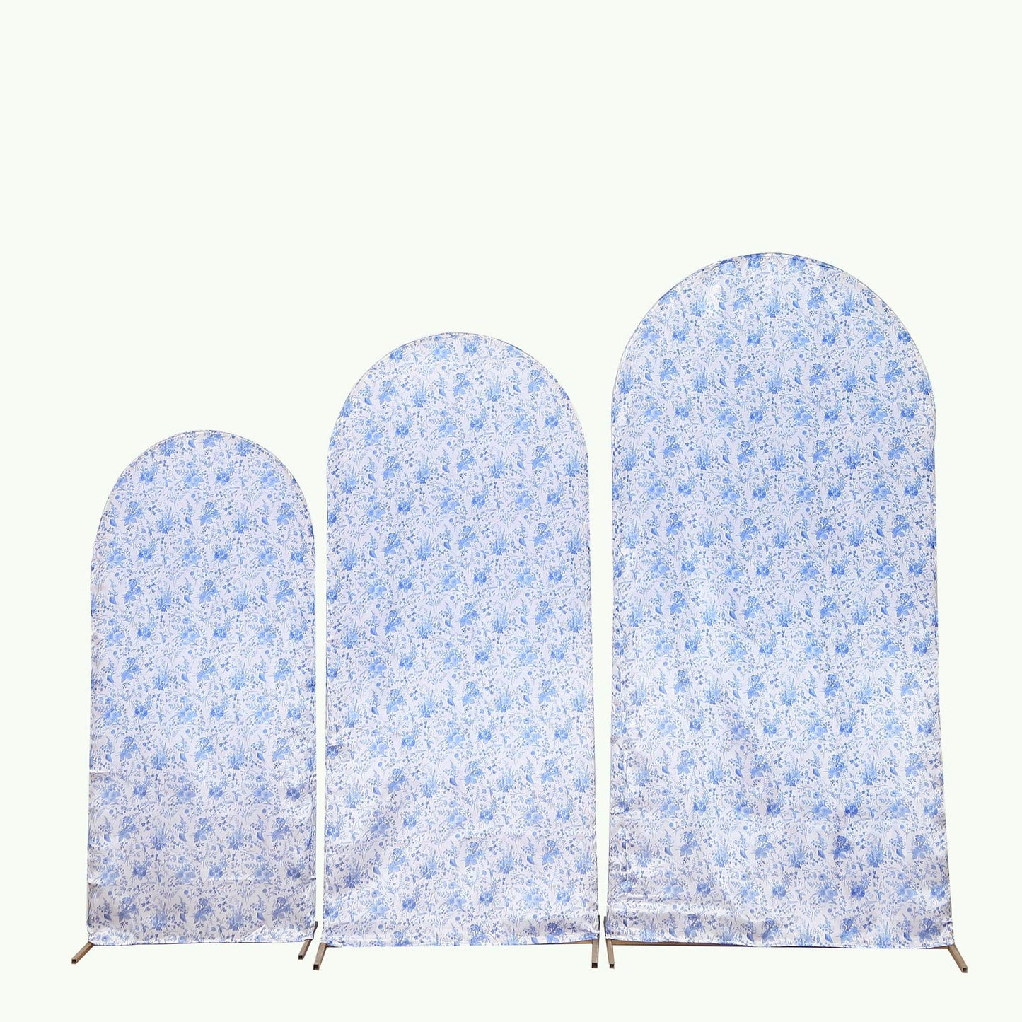 Set of 3 White Blue Satin Chiara Wedding Arch Covers in French Toile Floral Pattern, Fitted Covers For Round Top Backdrop Stands - 5ft,6ft,7ft