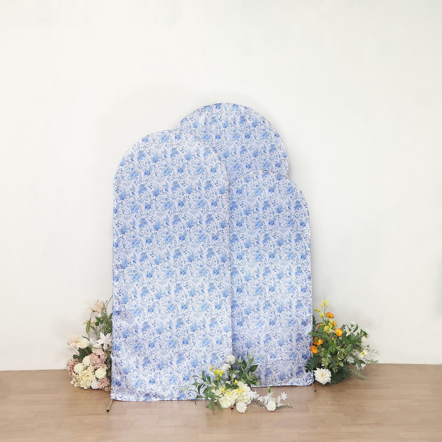 Set of 3 White Blue Satin Chiara Wedding Arch Covers in French Toile Floral Pattern, Fitted Covers For Round Top Backdrop Stands - 5ft,6ft,7ft