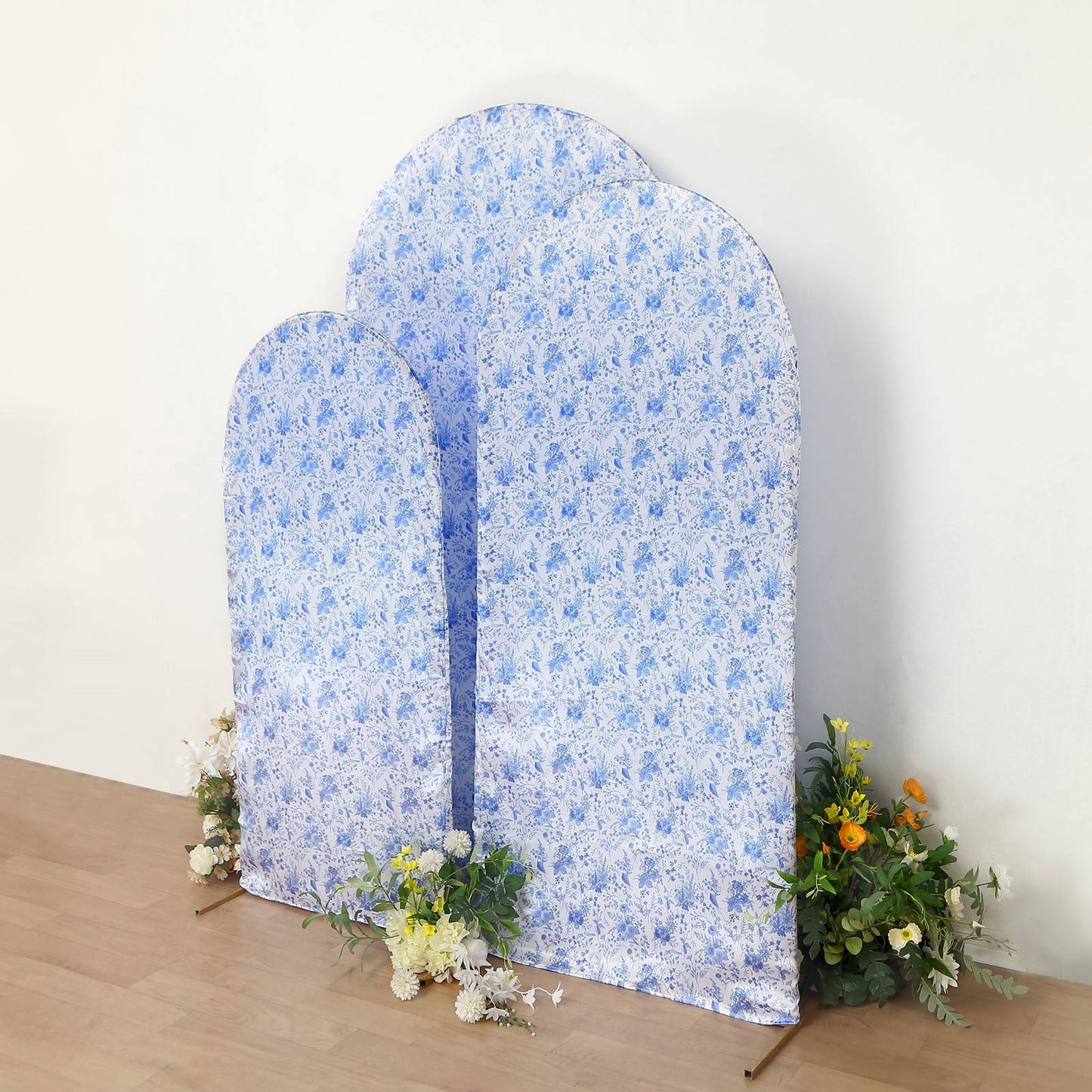 Set of 3 White Blue Satin Chiara Wedding Arch Covers in French Toile Floral Pattern, Fitted Covers For Round Top Backdrop Stands - 5ft,6ft,7ft