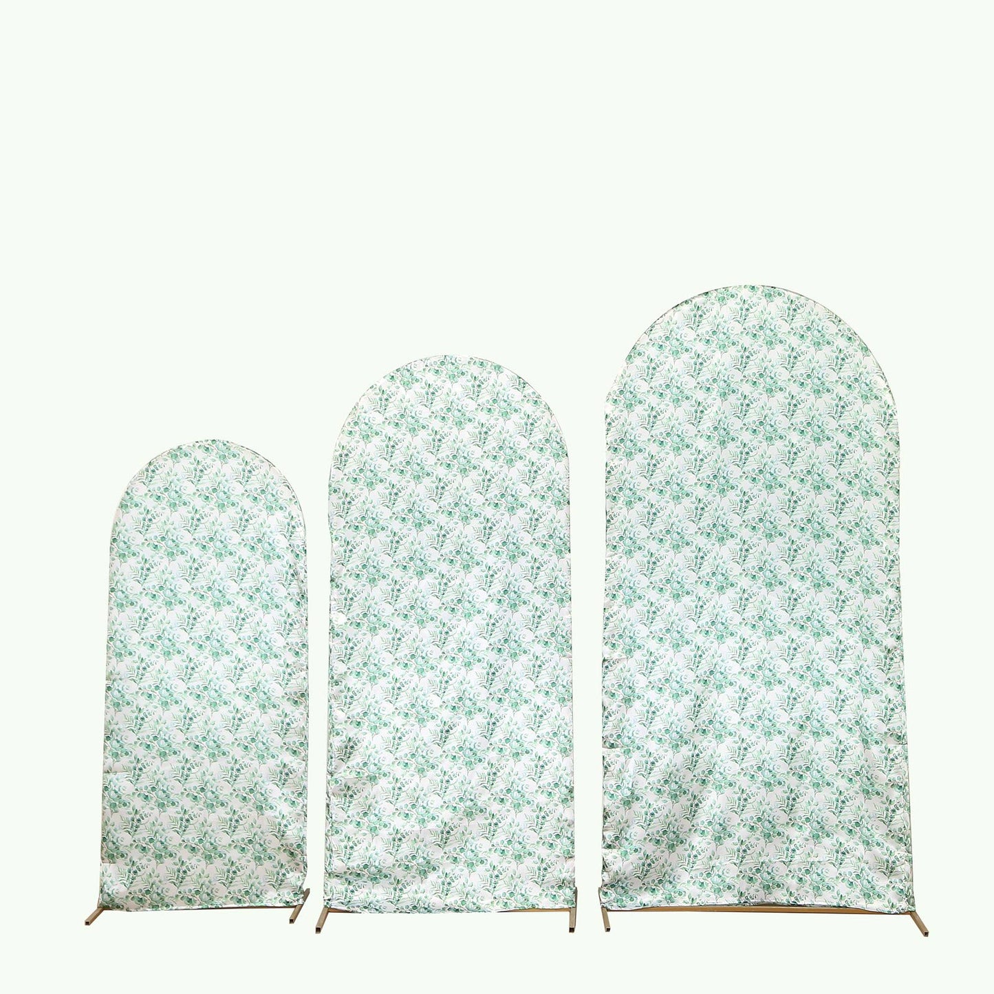 Set of 3 White Green Satin Chiara Wedding Arch Covers With Eucalyptus Leaves Print, Fitted Covers For Round Top Backdrop Stands - 5ft,6ft,7ft