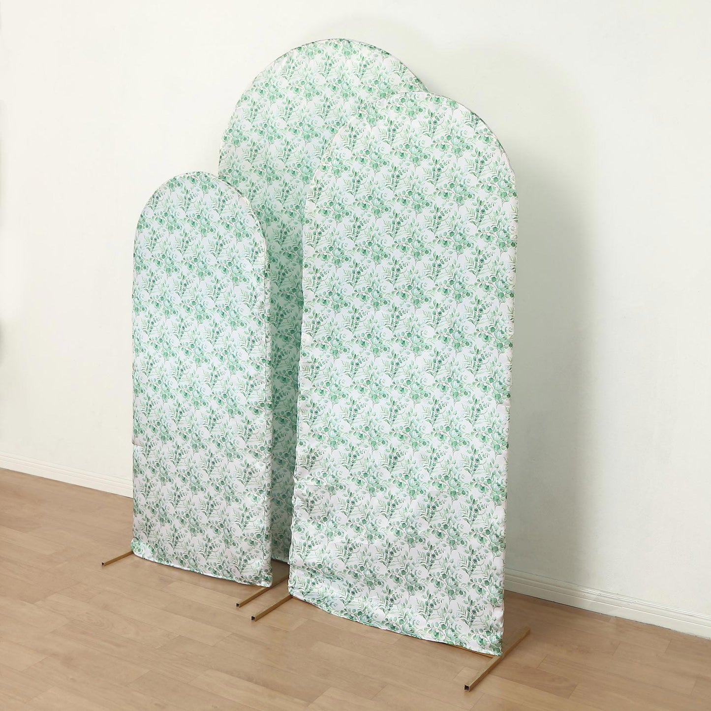 Set of 3 White Green Satin Chiara Wedding Arch Covers With Eucalyptus Leaves Print, Fitted Covers For Round Top Backdrop Stands - 5ft,6ft,7ft