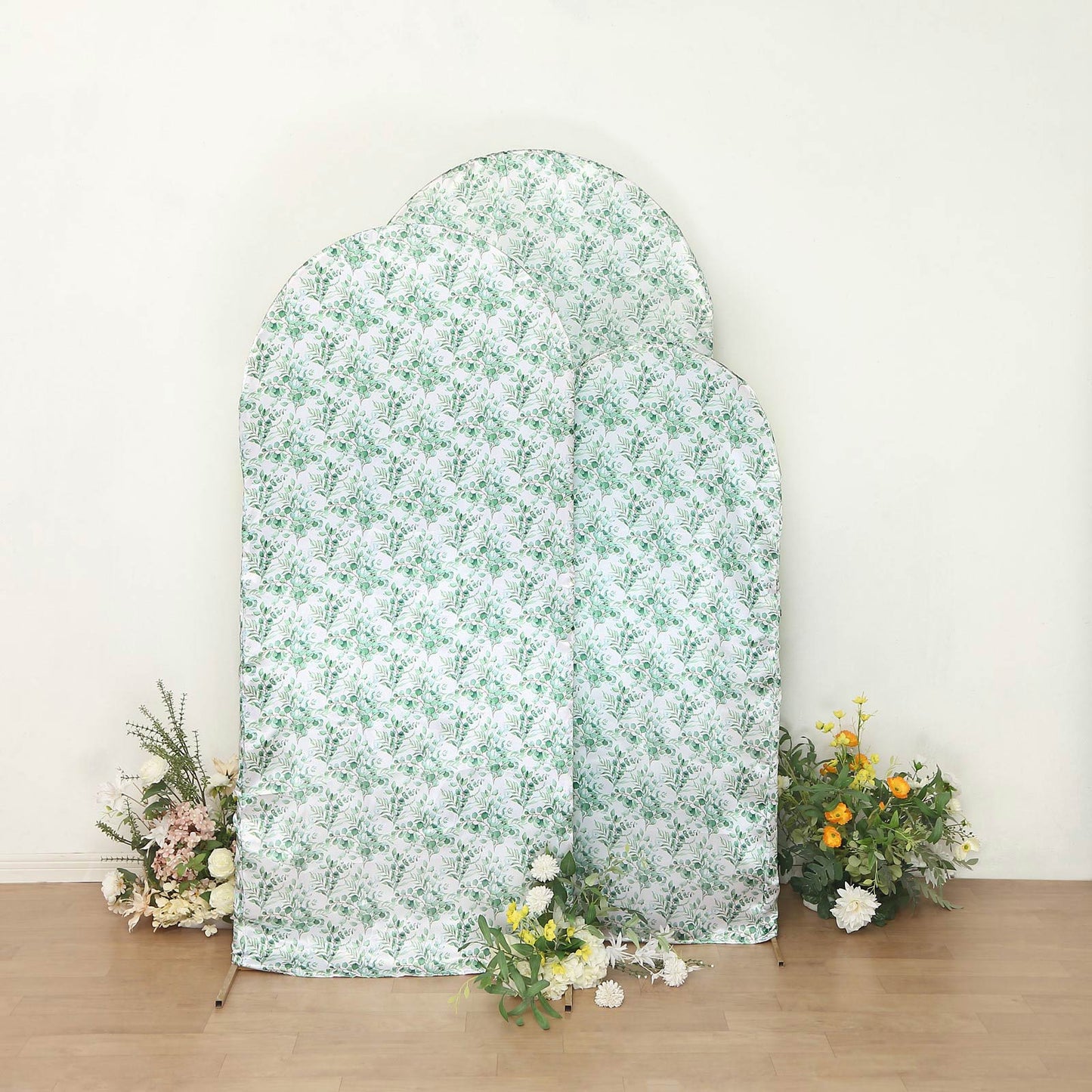 Set of 3 White Green Satin Chiara Wedding Arch Covers With Eucalyptus Leaves Print, Fitted Covers For Round Top Backdrop Stands - 5ft,6ft,7ft