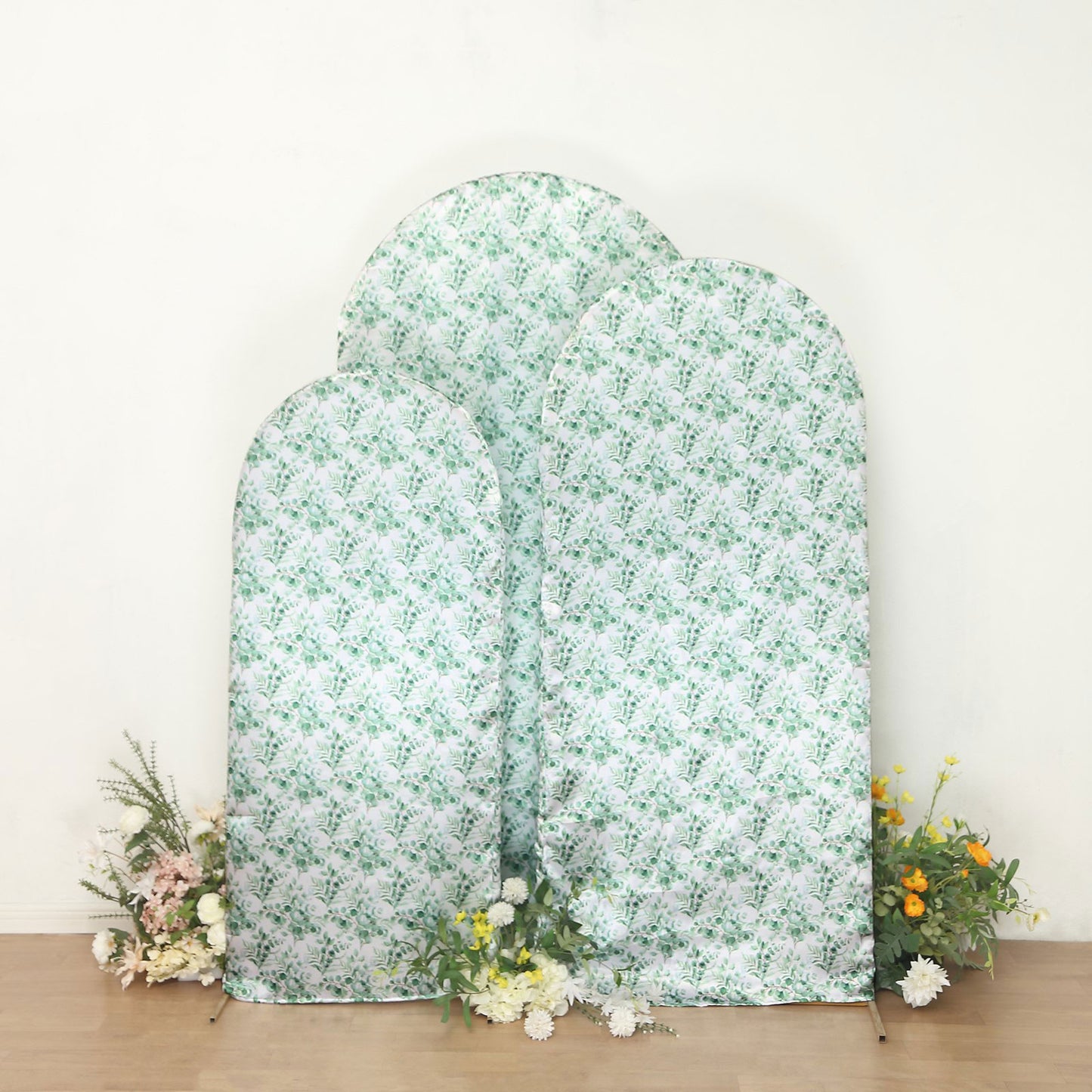 Set of 3 White Green Satin Chiara Wedding Arch Covers With Eucalyptus Leaves Print, Fitted Covers For Round Top Backdrop Stands - 5ft,6ft,7ft